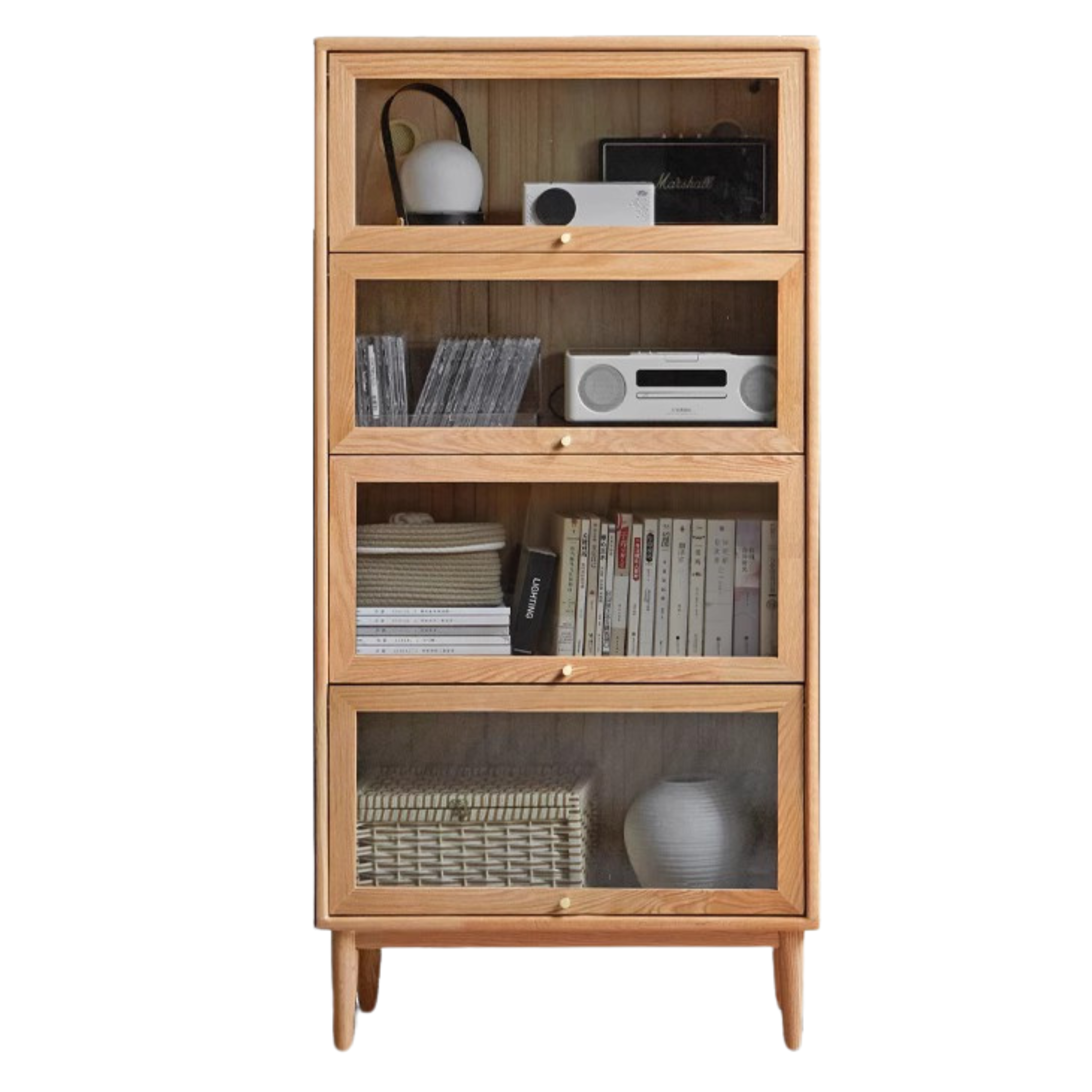 Oak solid wood Bookcase, flip door cabinet storage cabinet
