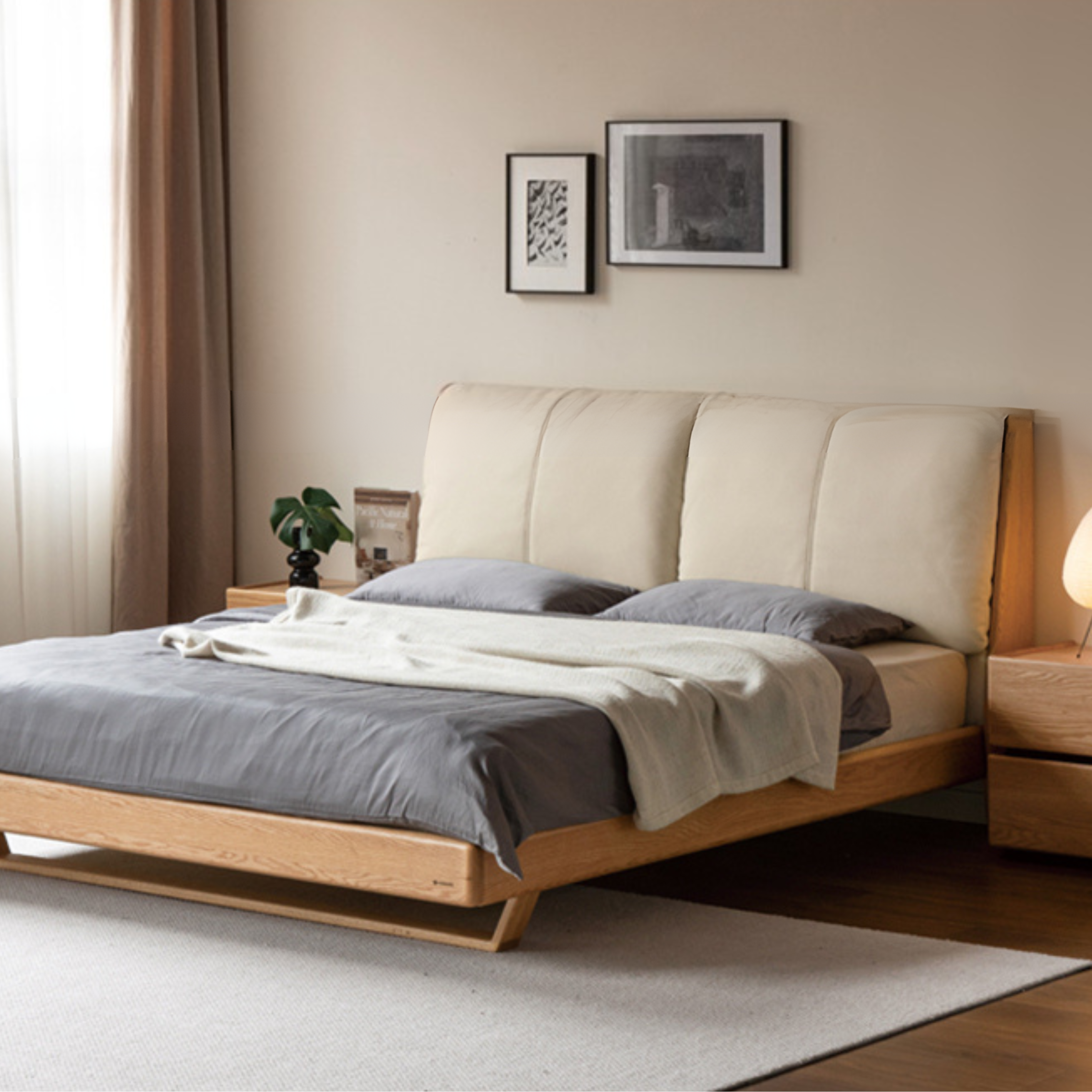 Oak, Ash Solid Wood Leather Soft Suspended Bed Italian Light Luxury