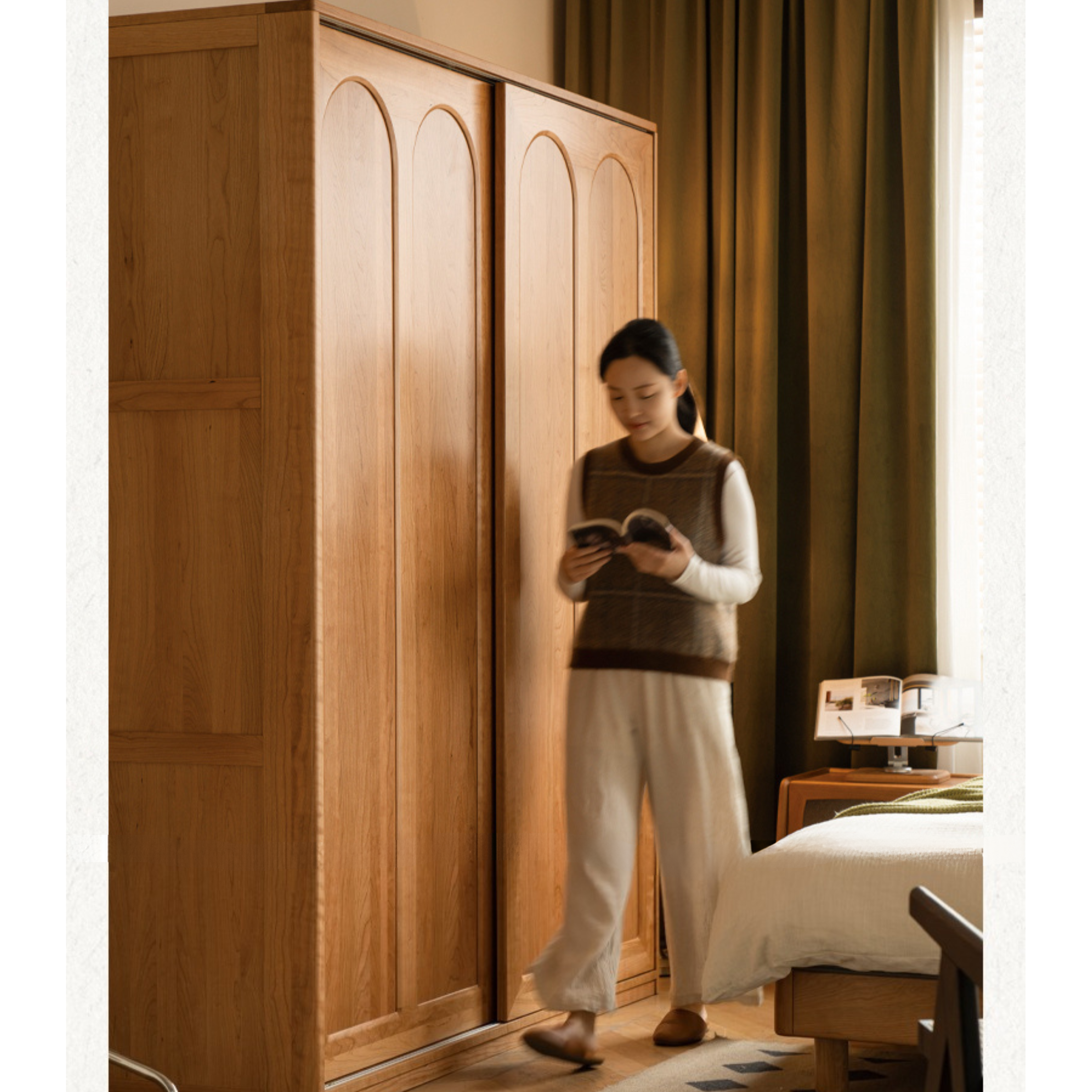 Cherry Solid Wood Retro Sliding Door Wardrobe