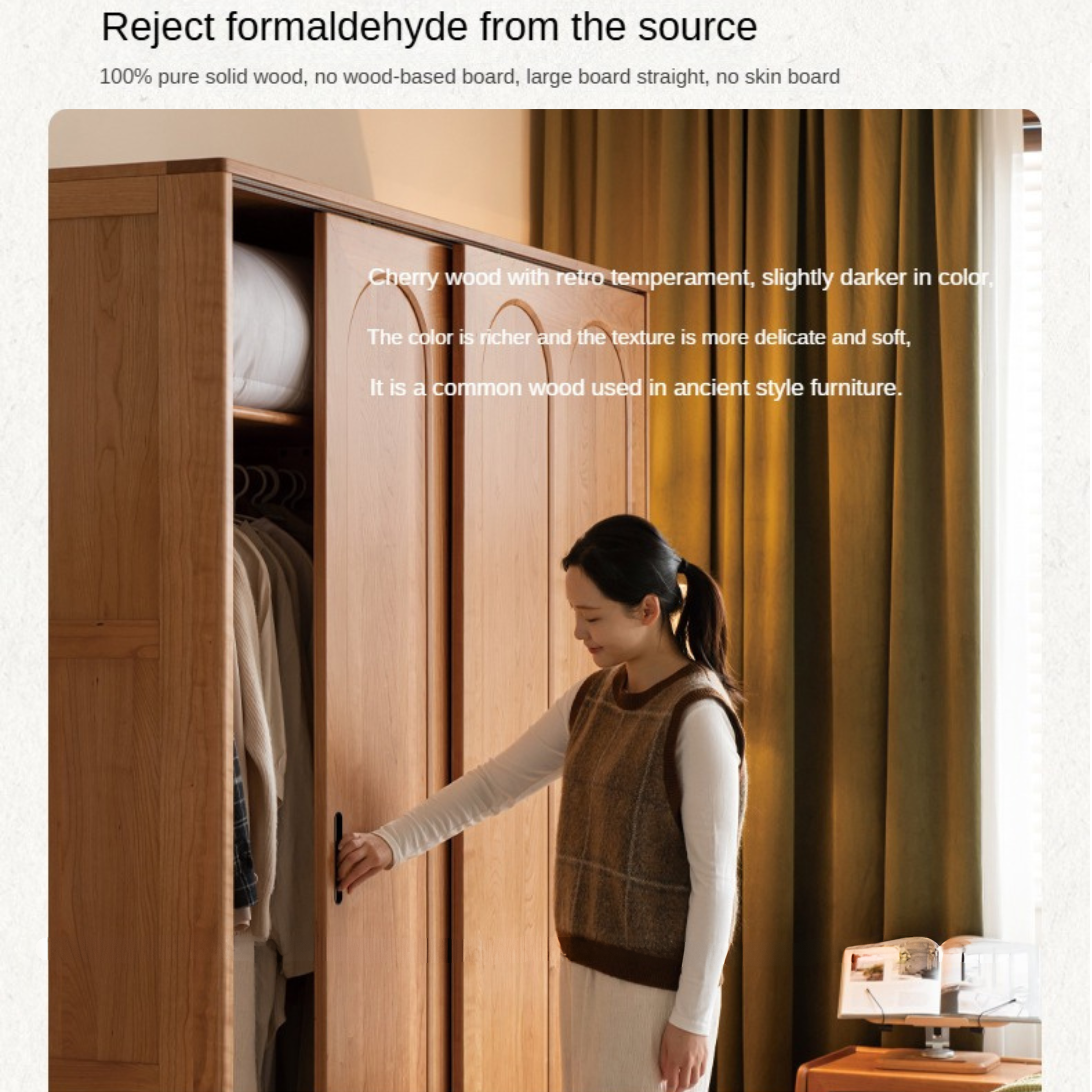 Cherry Solid Wood Retro Sliding Door Wardrobe