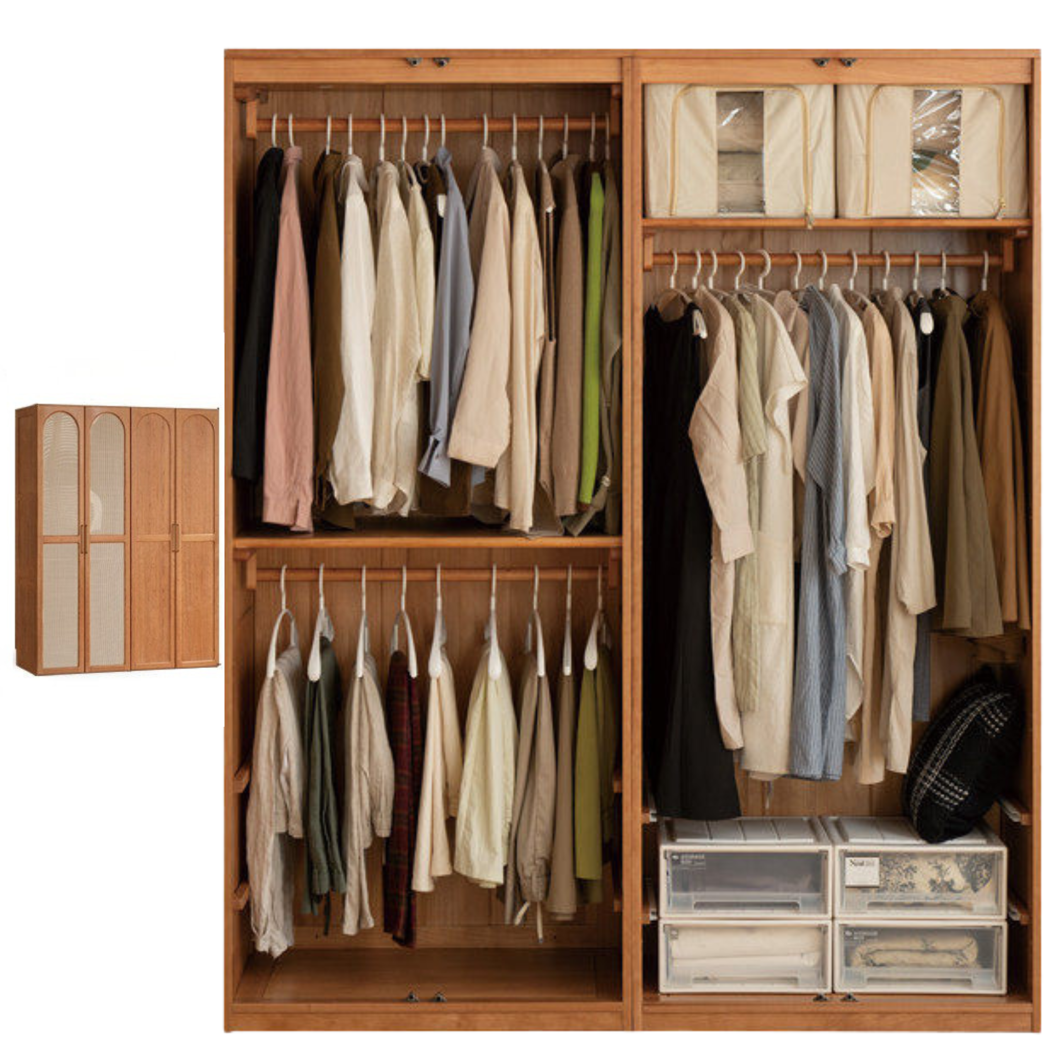 Cherry Solid Wood Swing Door Rattan Wardrobe