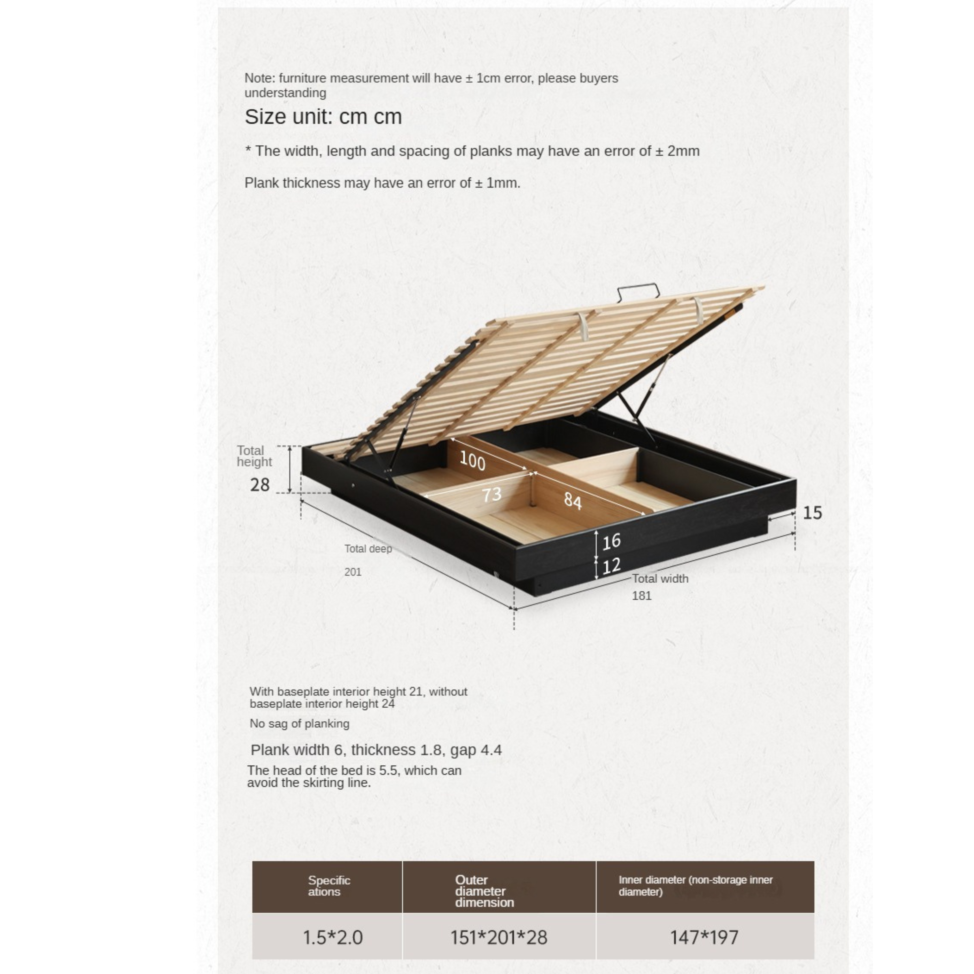 Oak Solid Wood Suspended Box Platform Bed, Headboard-Free Bed