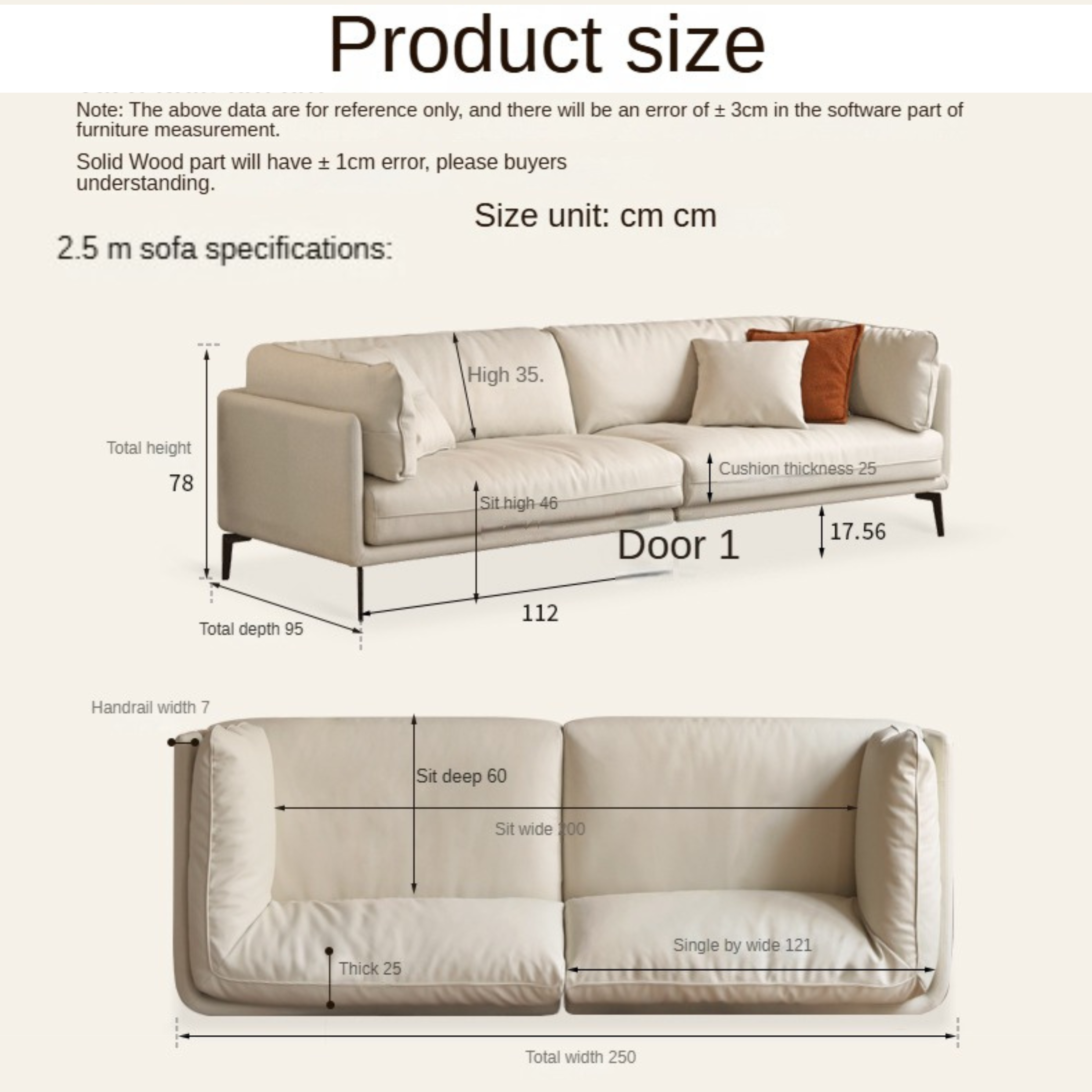 Fabric Straight Italian Down Sofa Cream Style.