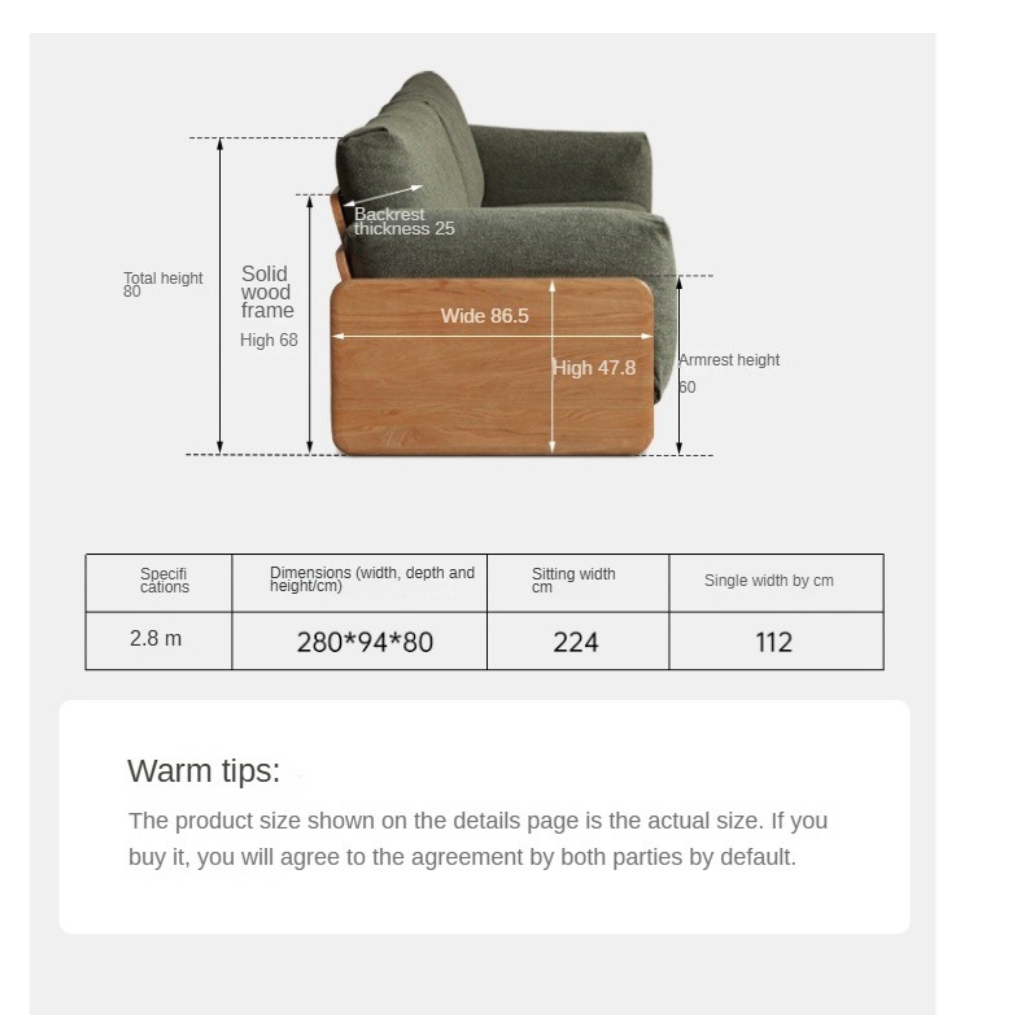 Oak Solid Wood Modern Floor Straight Sofa
