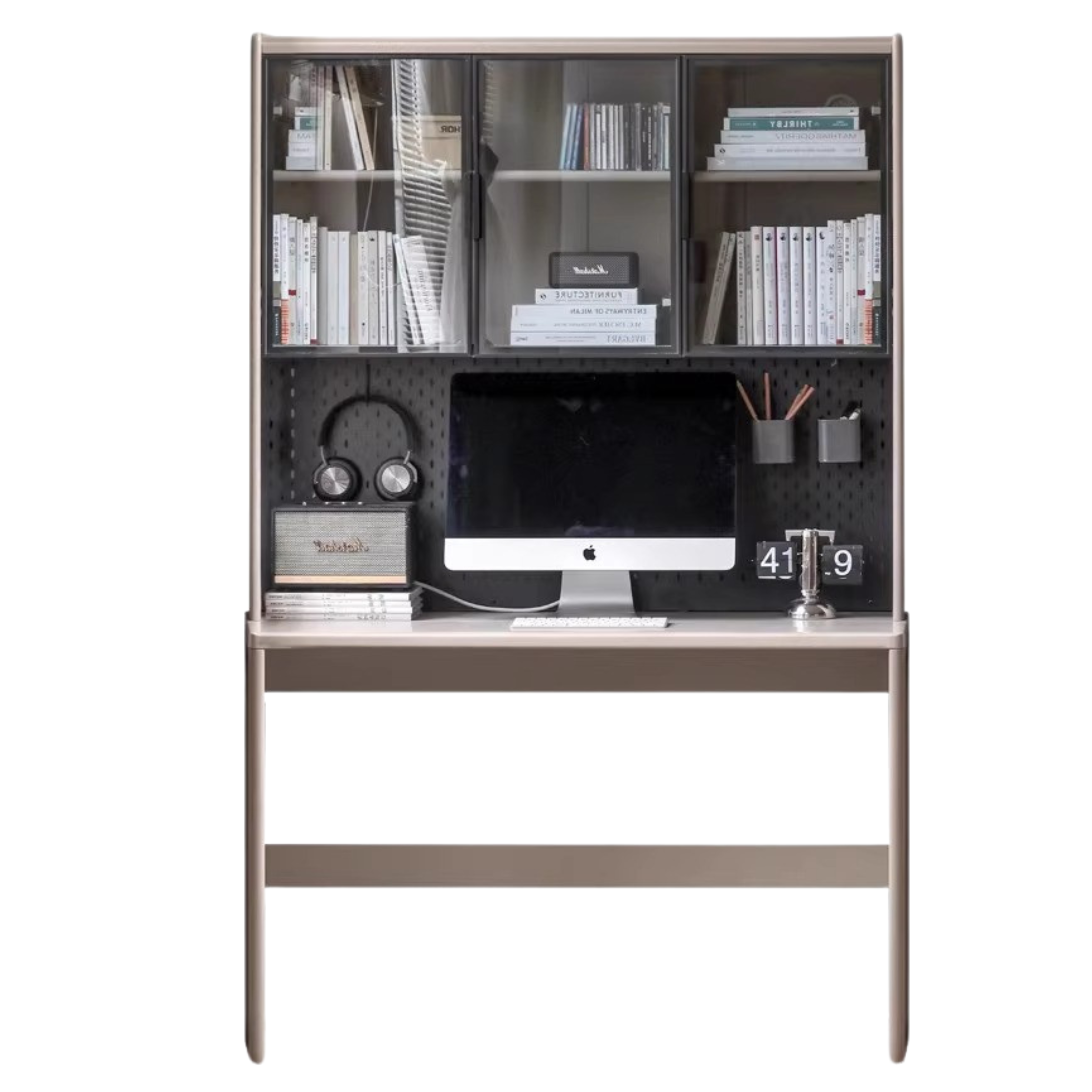 Poplar Solid Wood Computer Desk Bookshelf Integrated Light Luxury