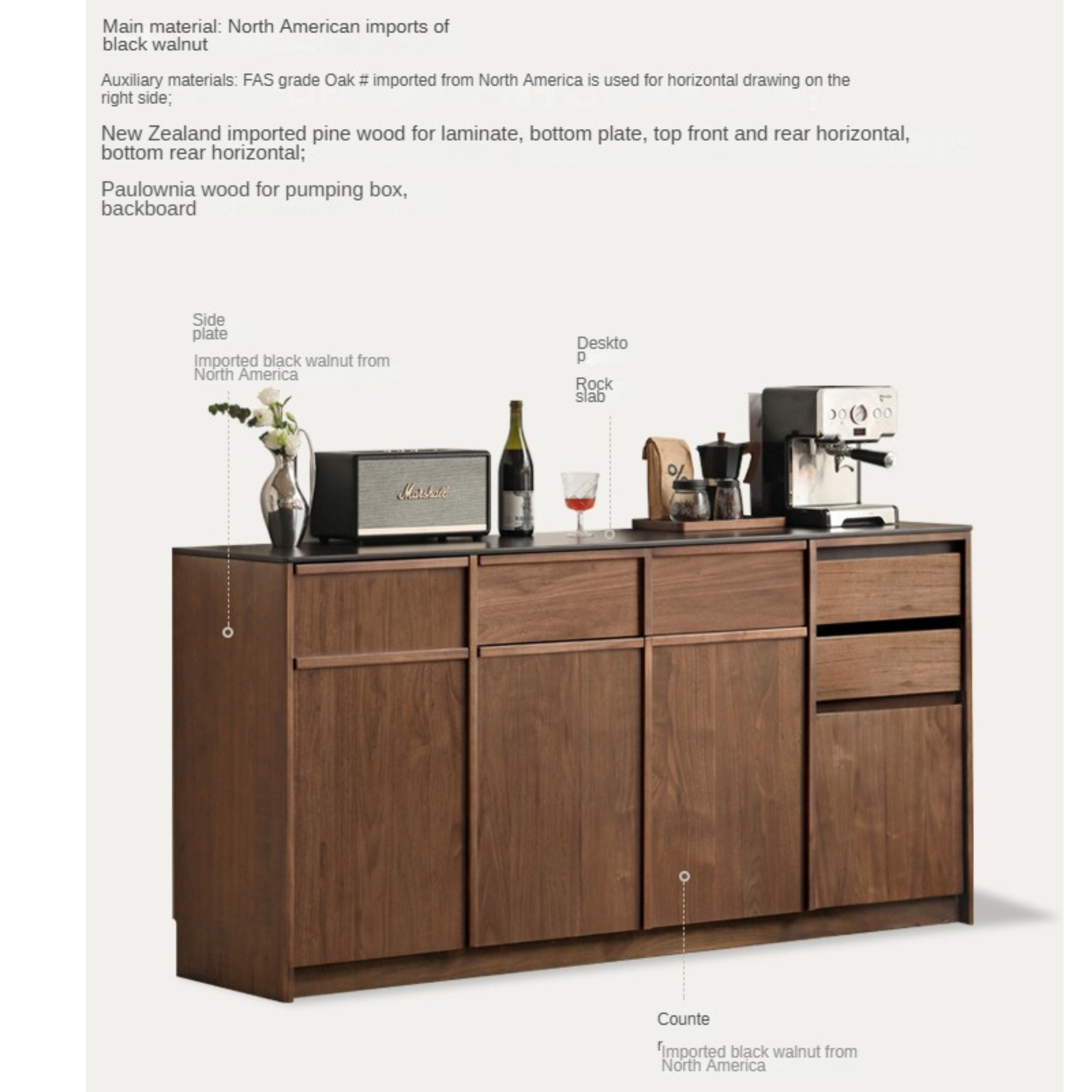 Black Walnut Solid Wood Dining Sideboard Rock Board Light Luxury