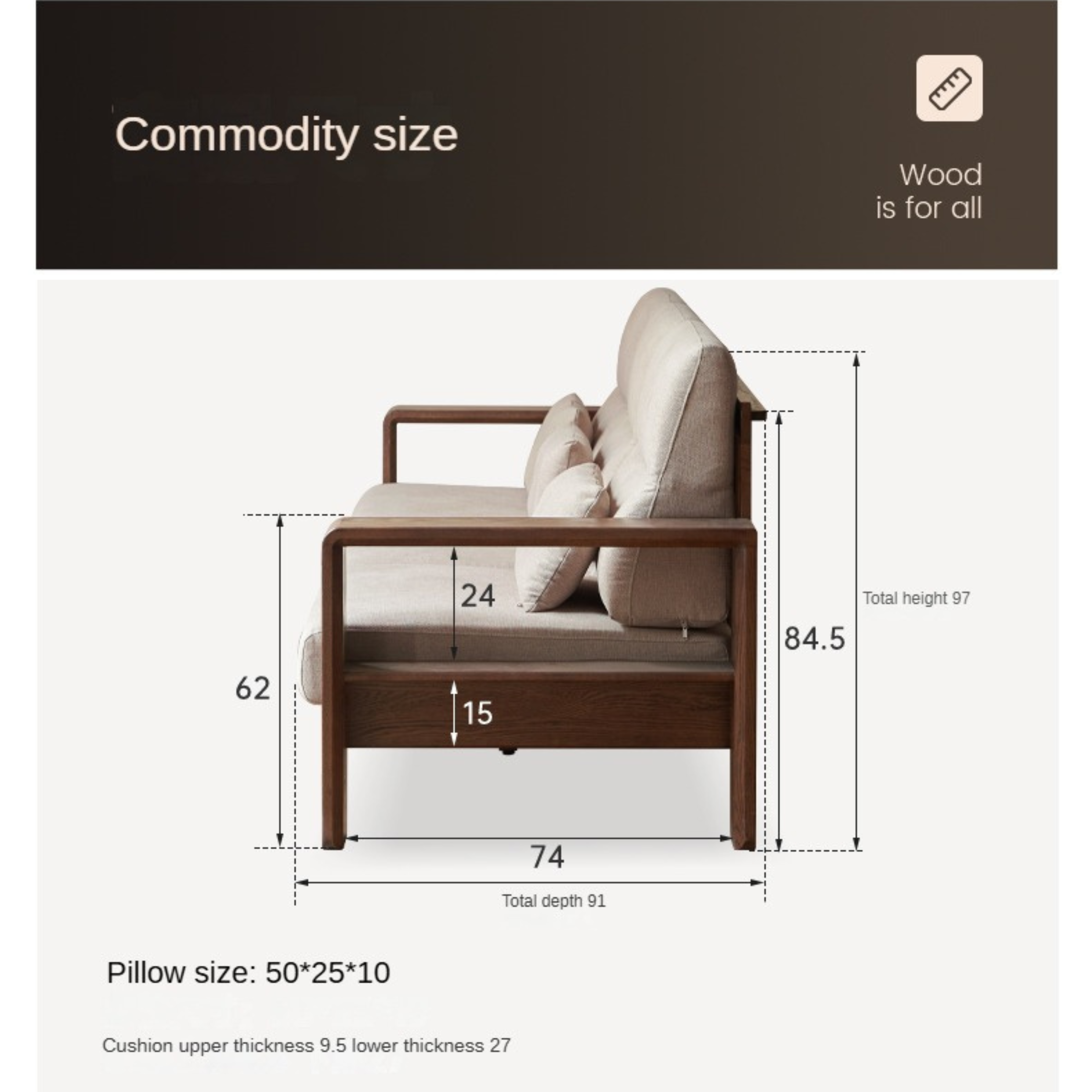 Oak Solid Wood High Back Fabric Corner Sofa Modern.