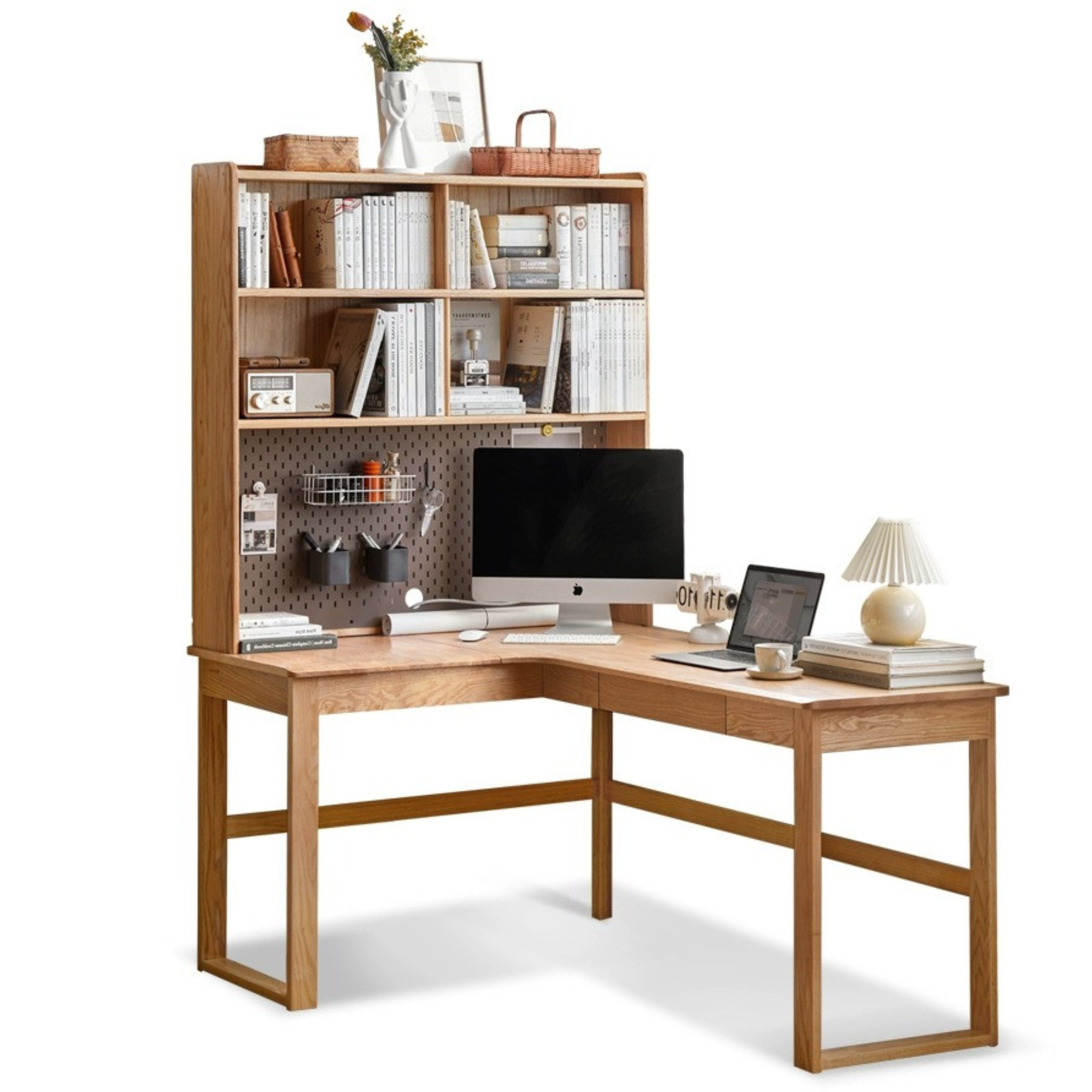 Oak Solid Wood L-shaped Corner Office Desk