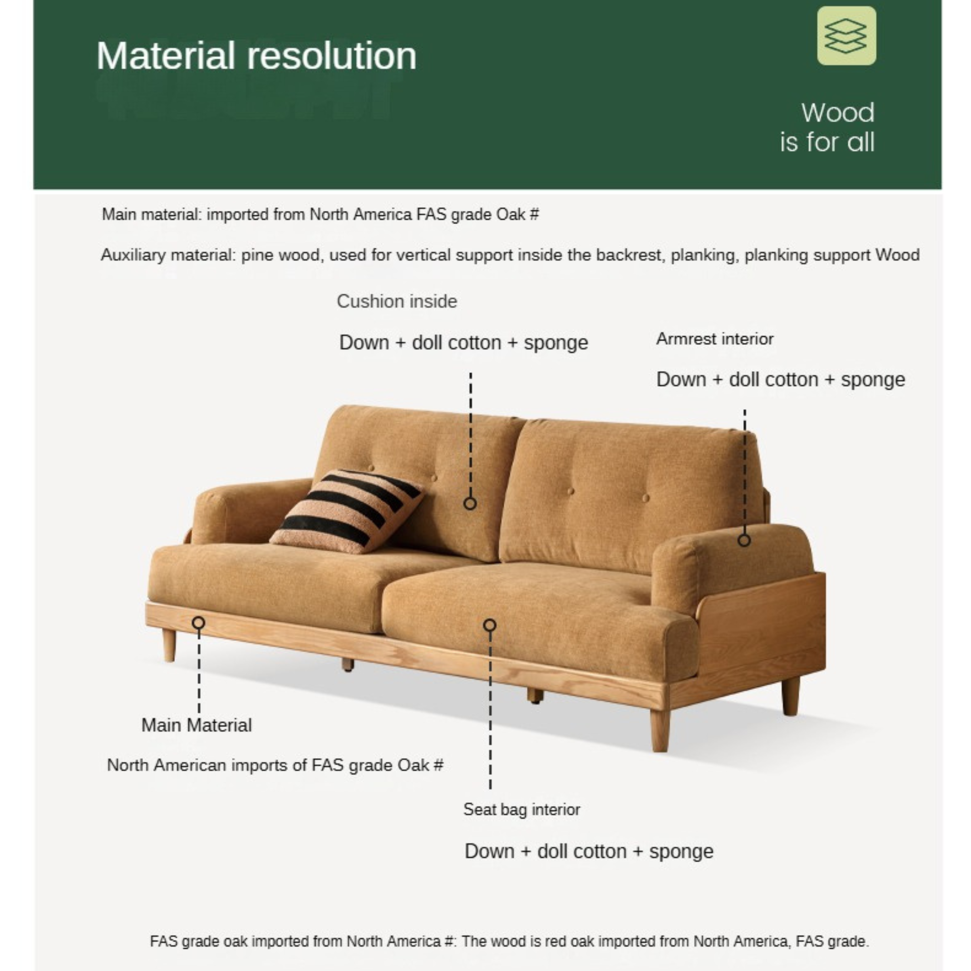 Oak Solid Wood Leather, Fabric High Back Sofa.