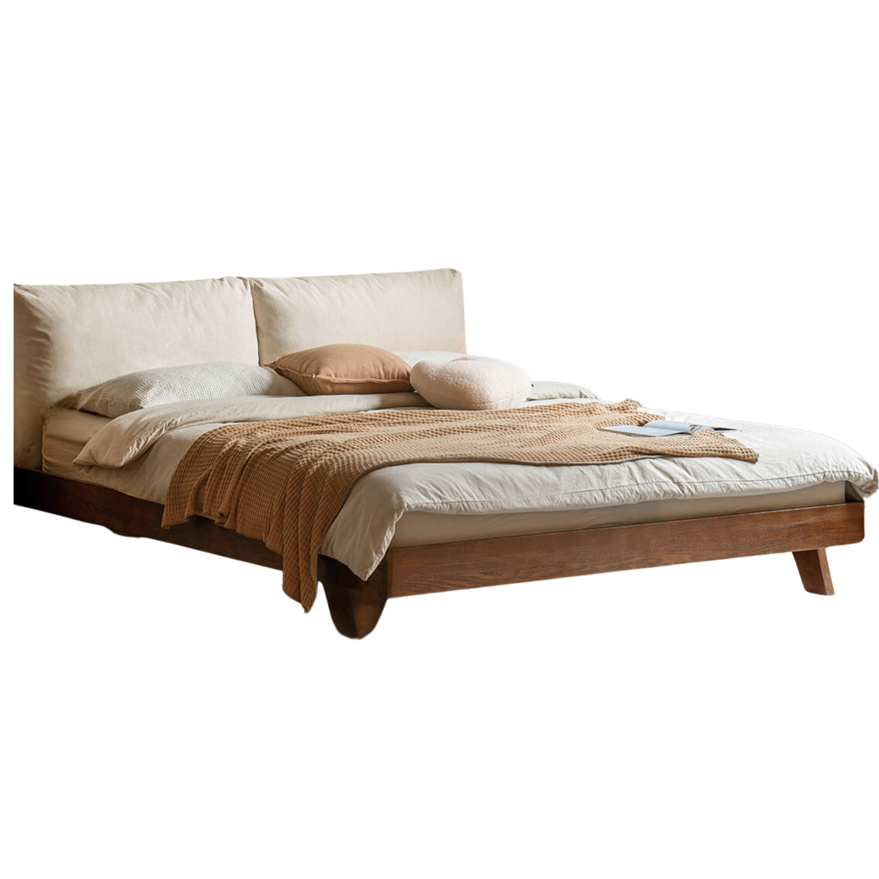 Oak Solid Wood Bed with Fabric Upholstery