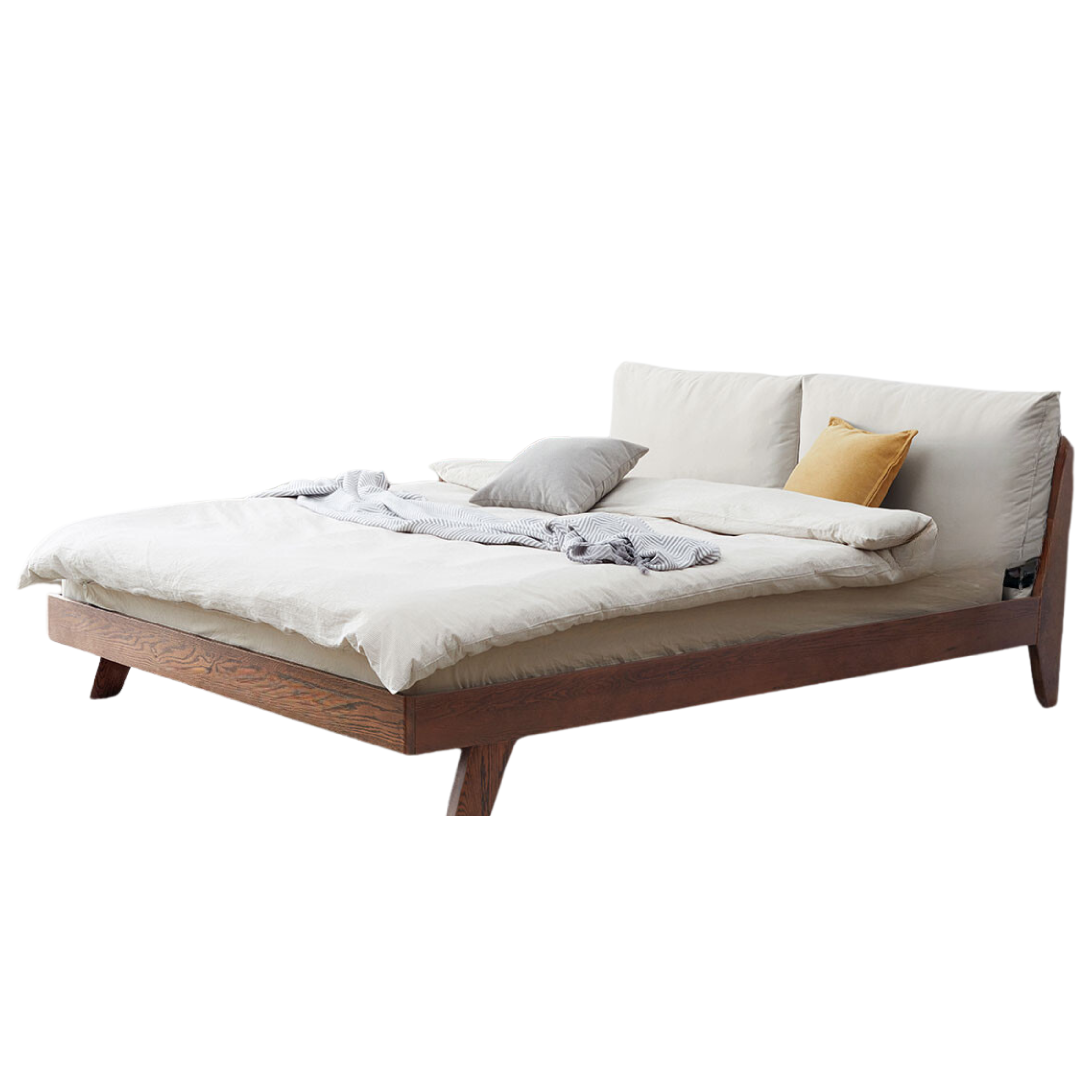 Oak Solid Wood Bed with Fabric Upholstery