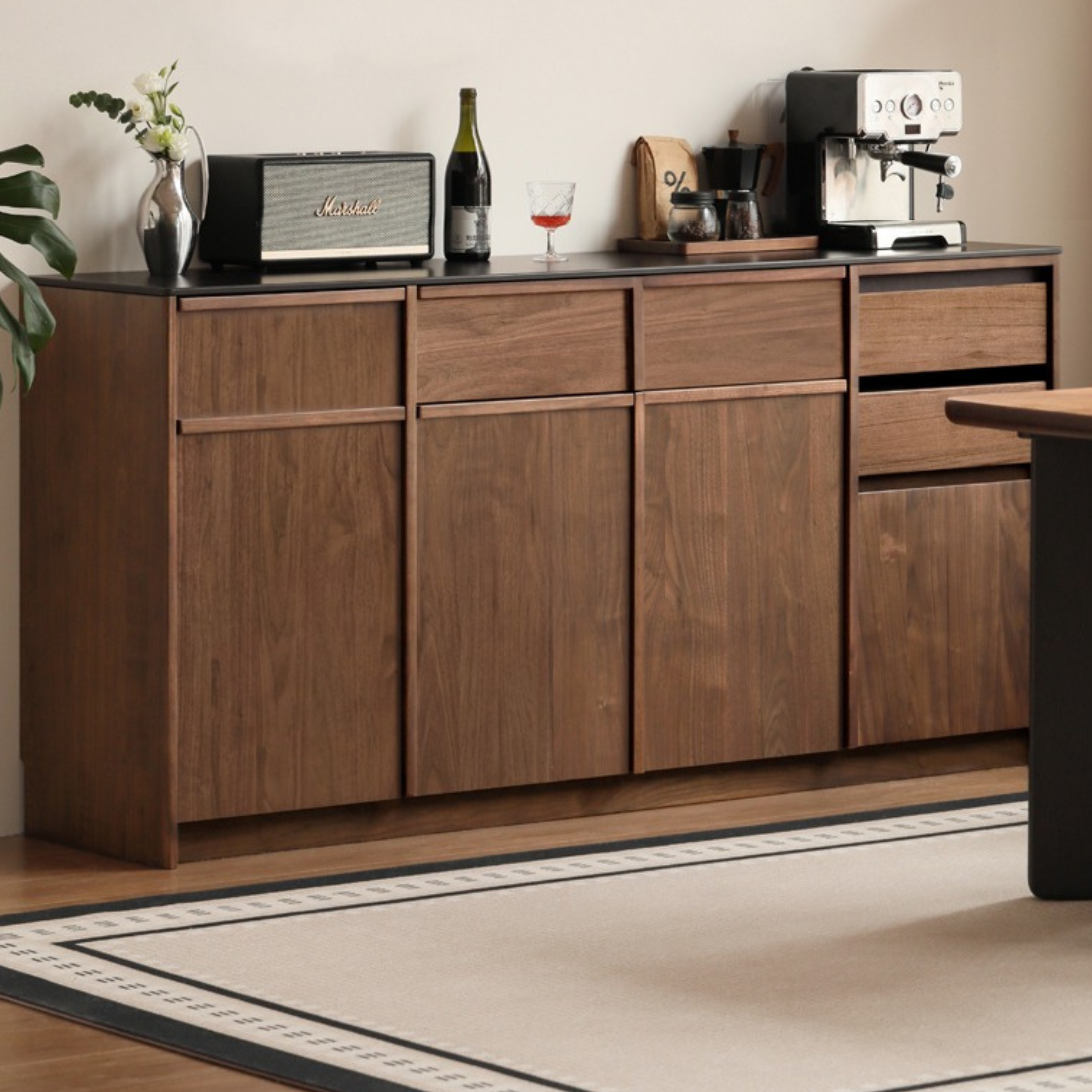 Black Walnut Solid Wood Dining Sideboard Rock Board Light Luxury