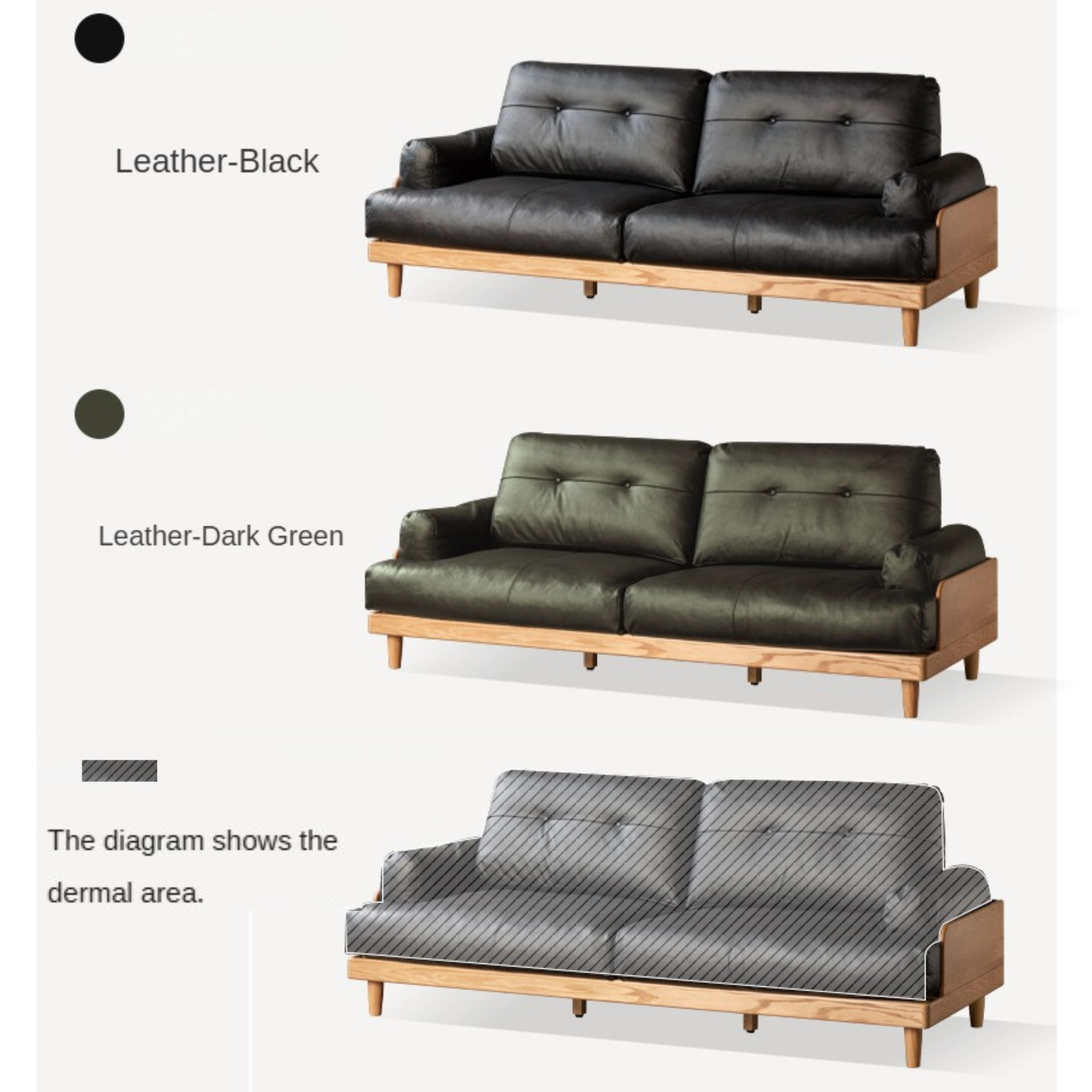 Oak Solid Wood Leather, Fabric High Back Sofa.