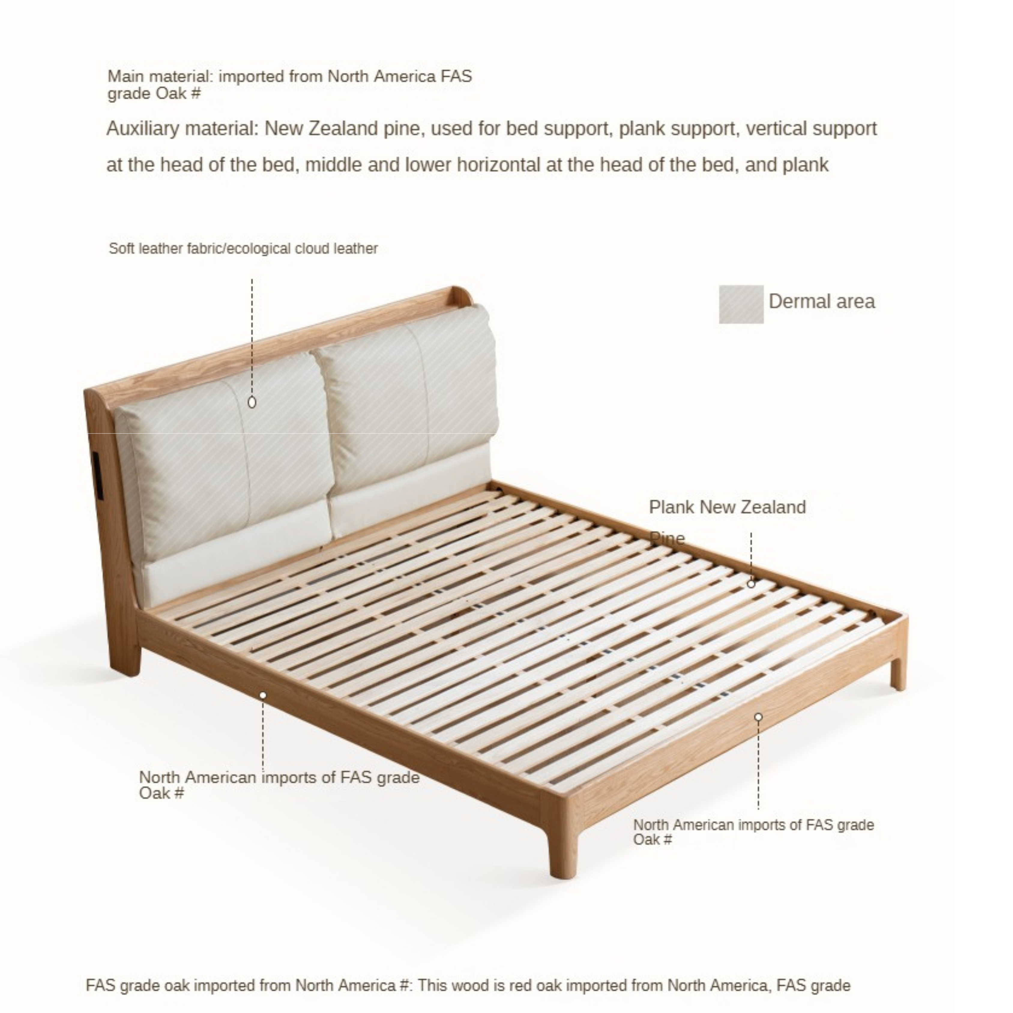 Oak Solid Wood Leather Soft Back Bed