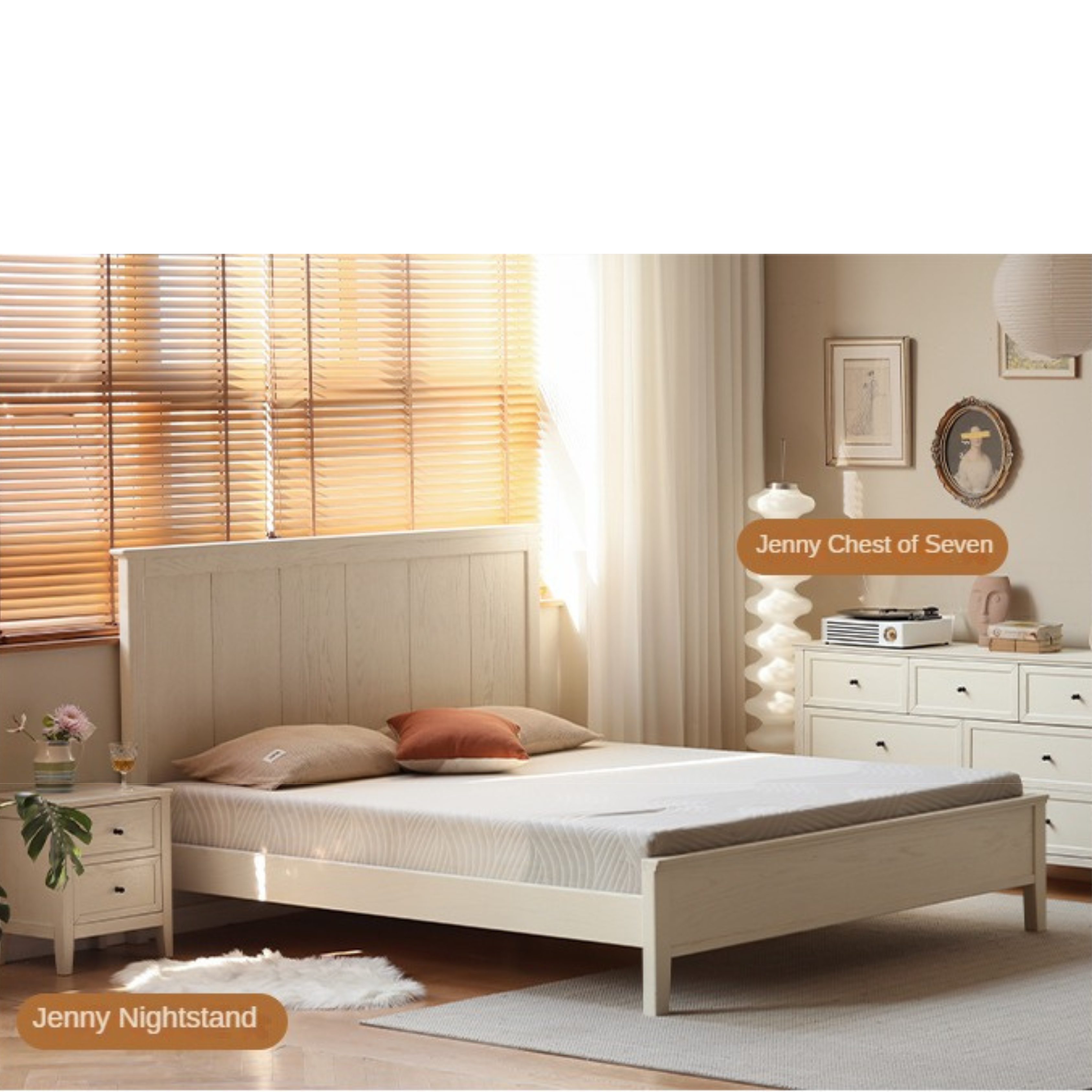 Oak solid wood high headboard full white bed American style