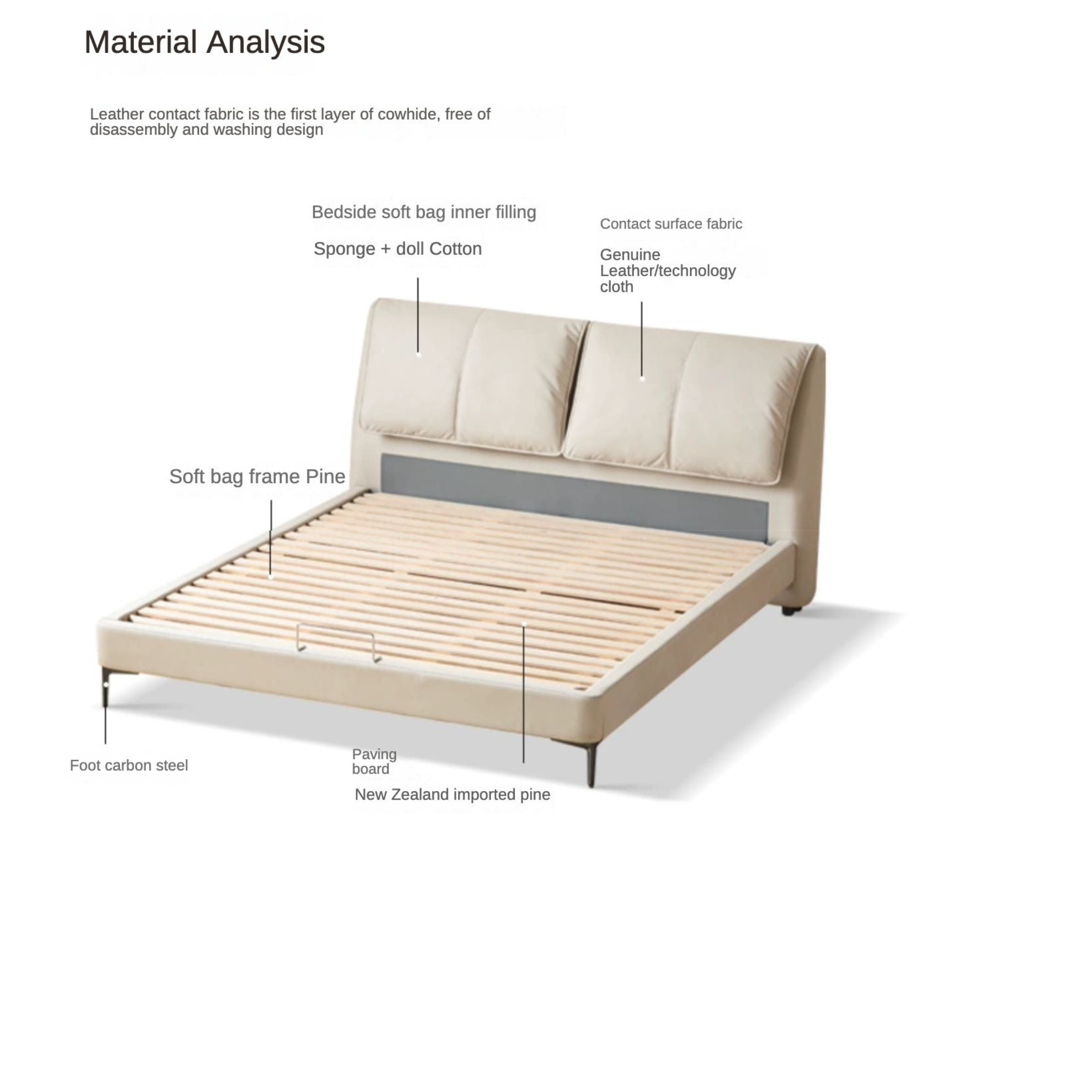 Genuine leather, Technology Cloth Bed Cream Style