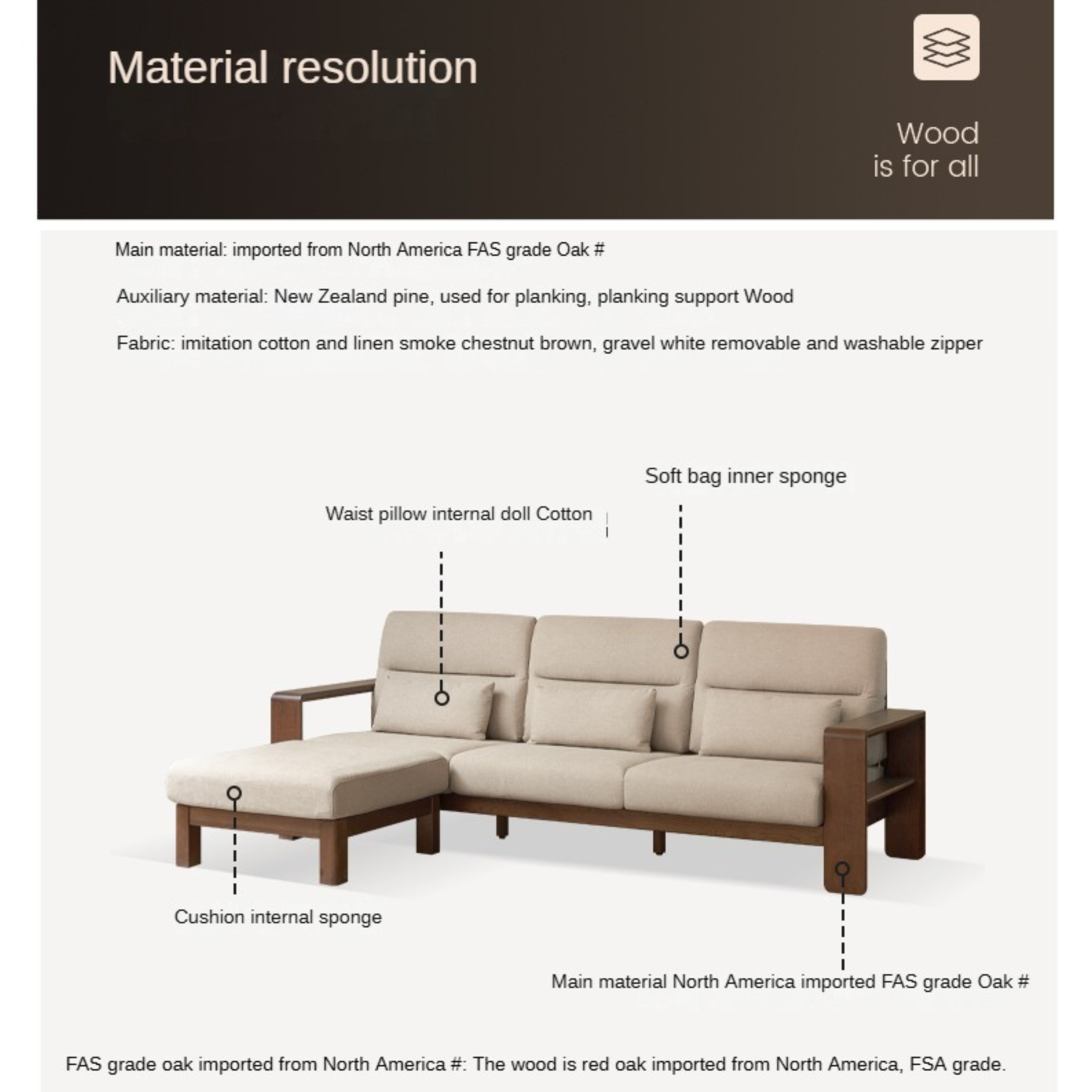 Oak Solid Wood High Back Fabric Corner Sofa Modern.