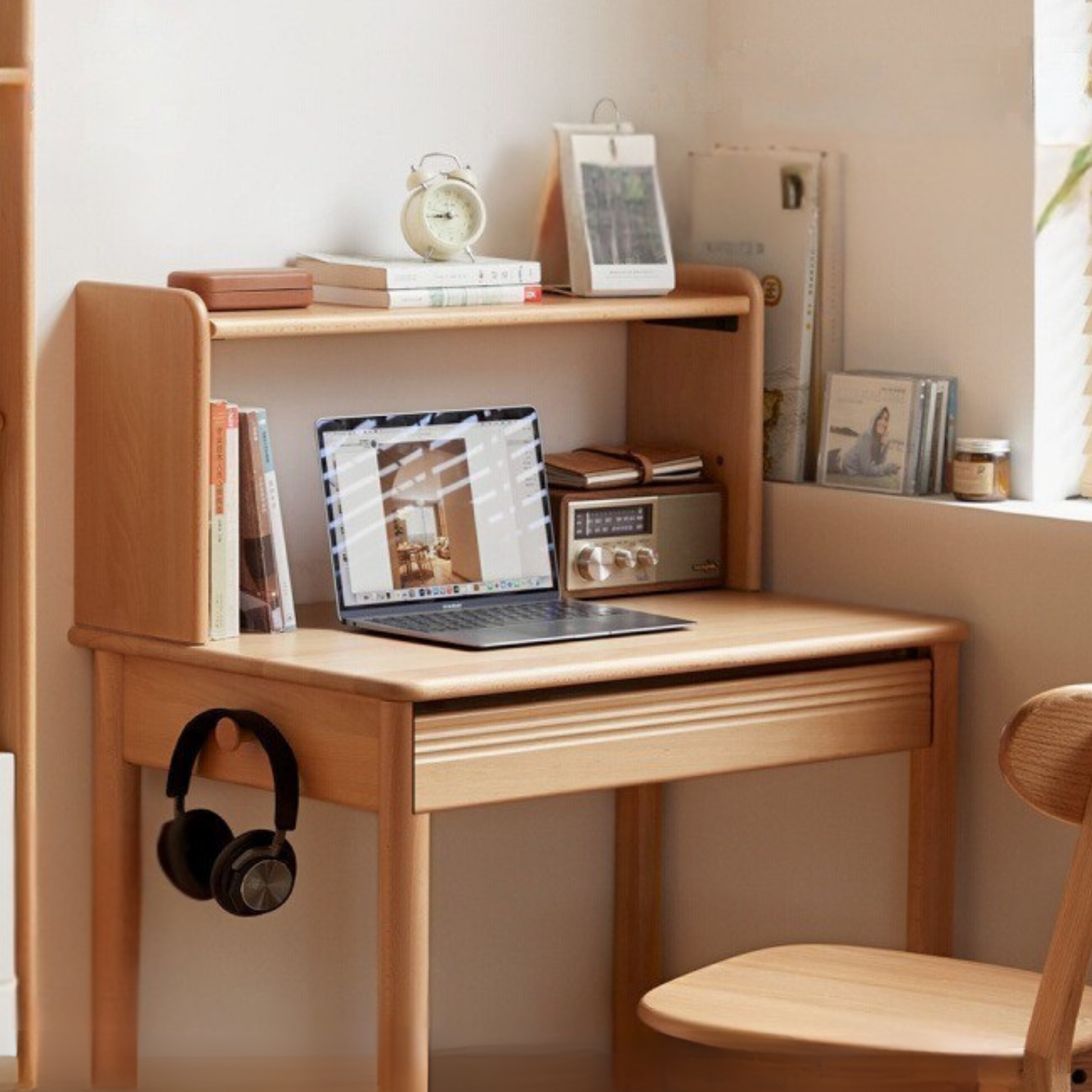 Beech Solid Wood Desk Bookshelf Integrated