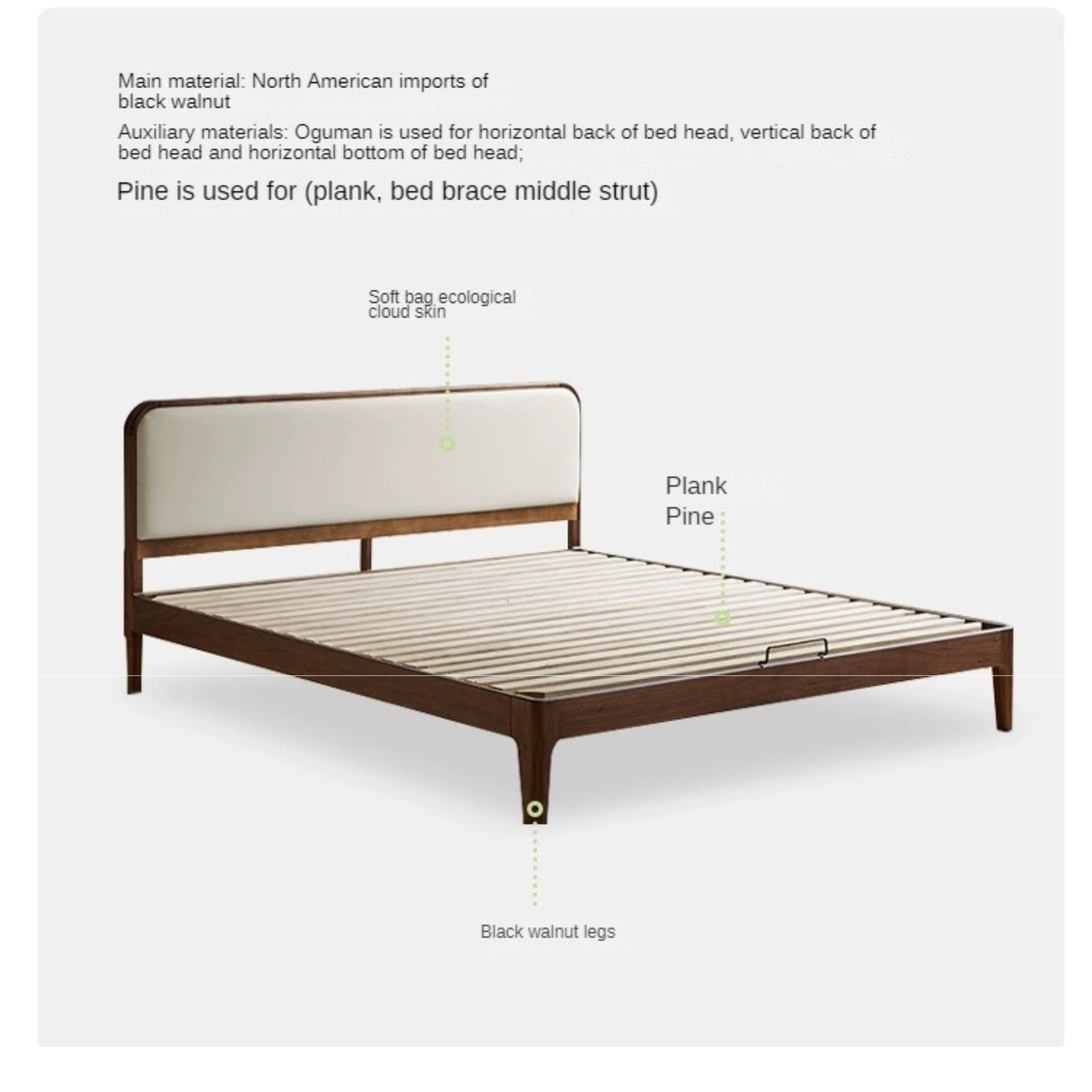 Black Walnut Solid Wood Simple Soft Bed