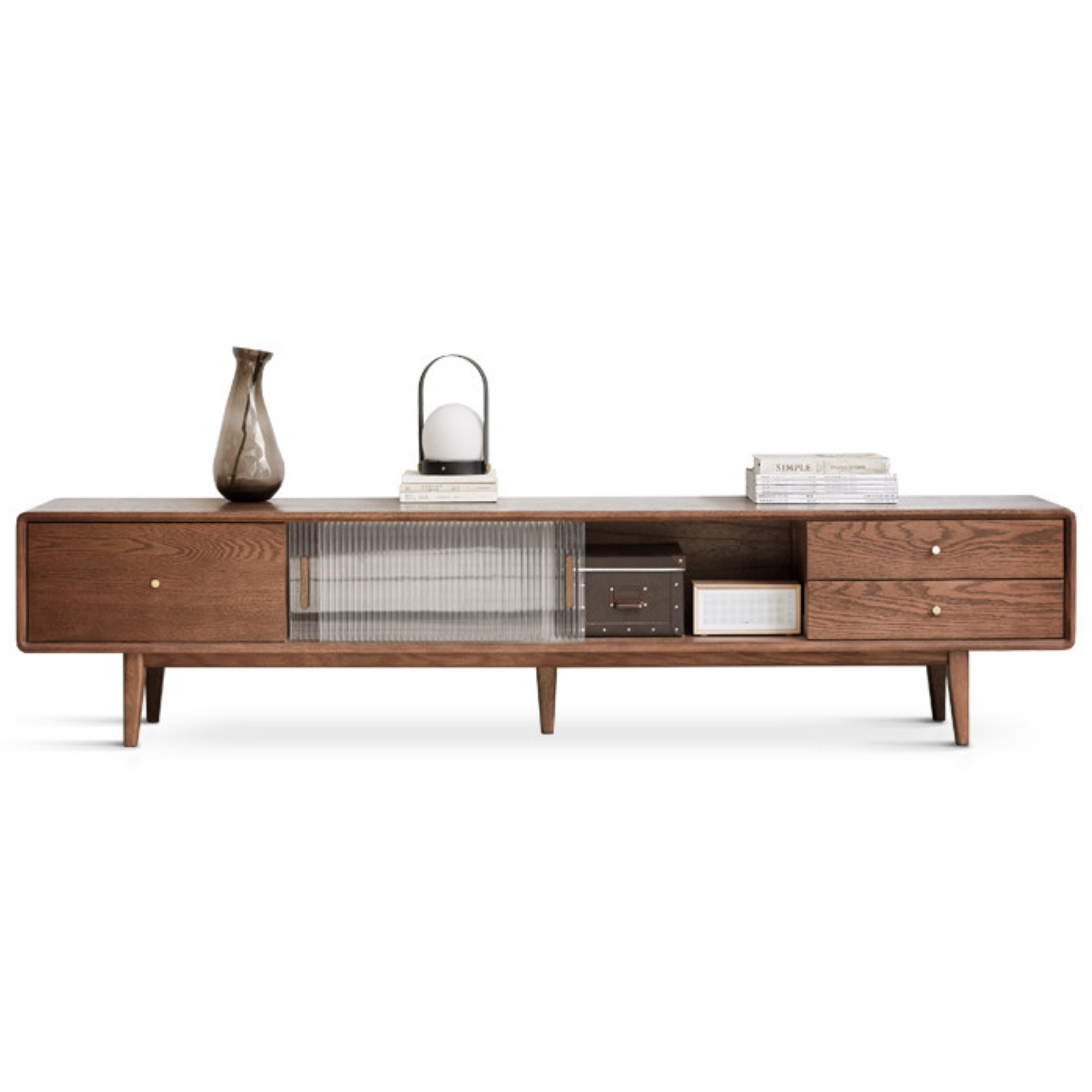 Oak, Solid Rubberwood , Beech Solid Wood TV Stand Glass Sliding Door