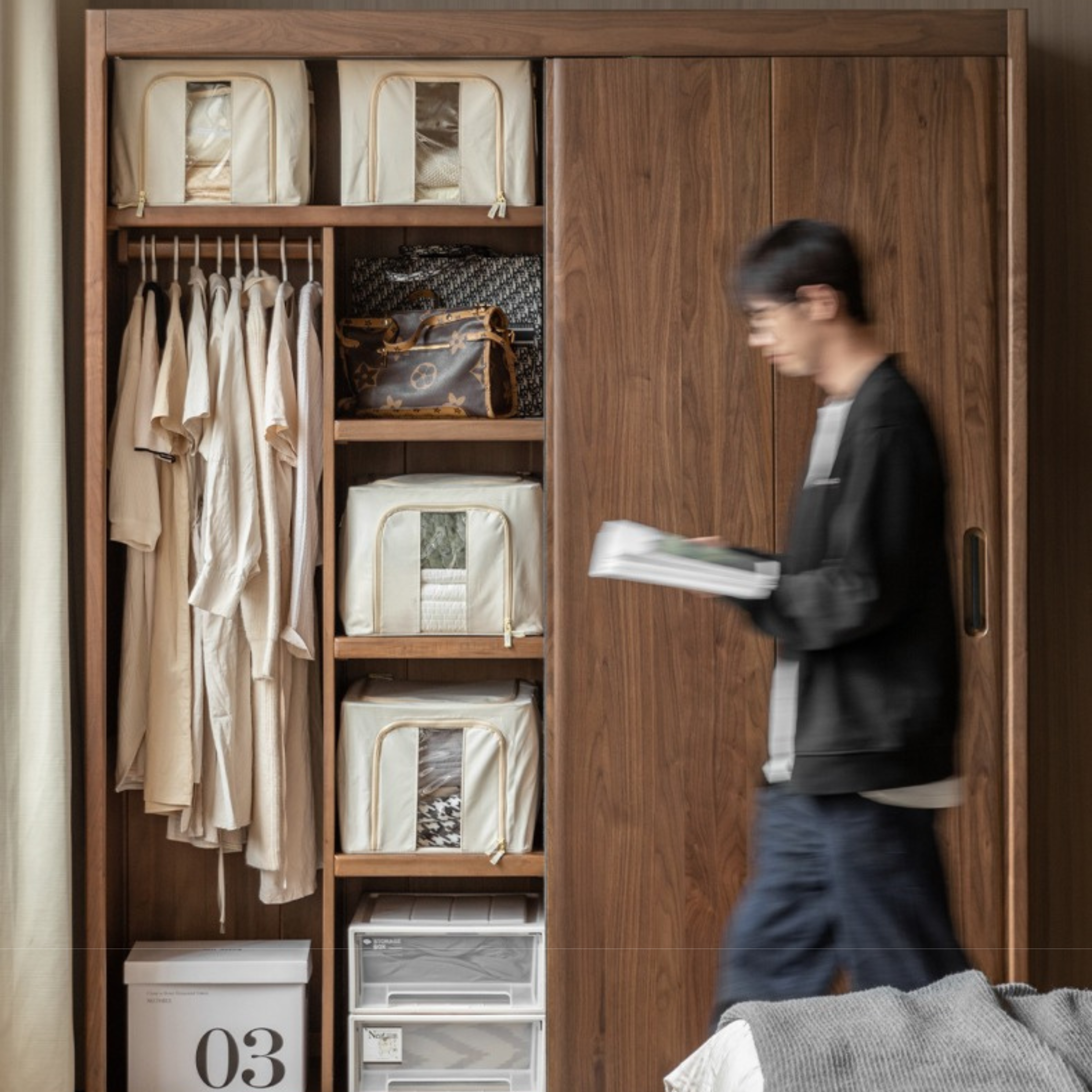 Black Walnut Solid Wood Wardrobe Sliding Door
