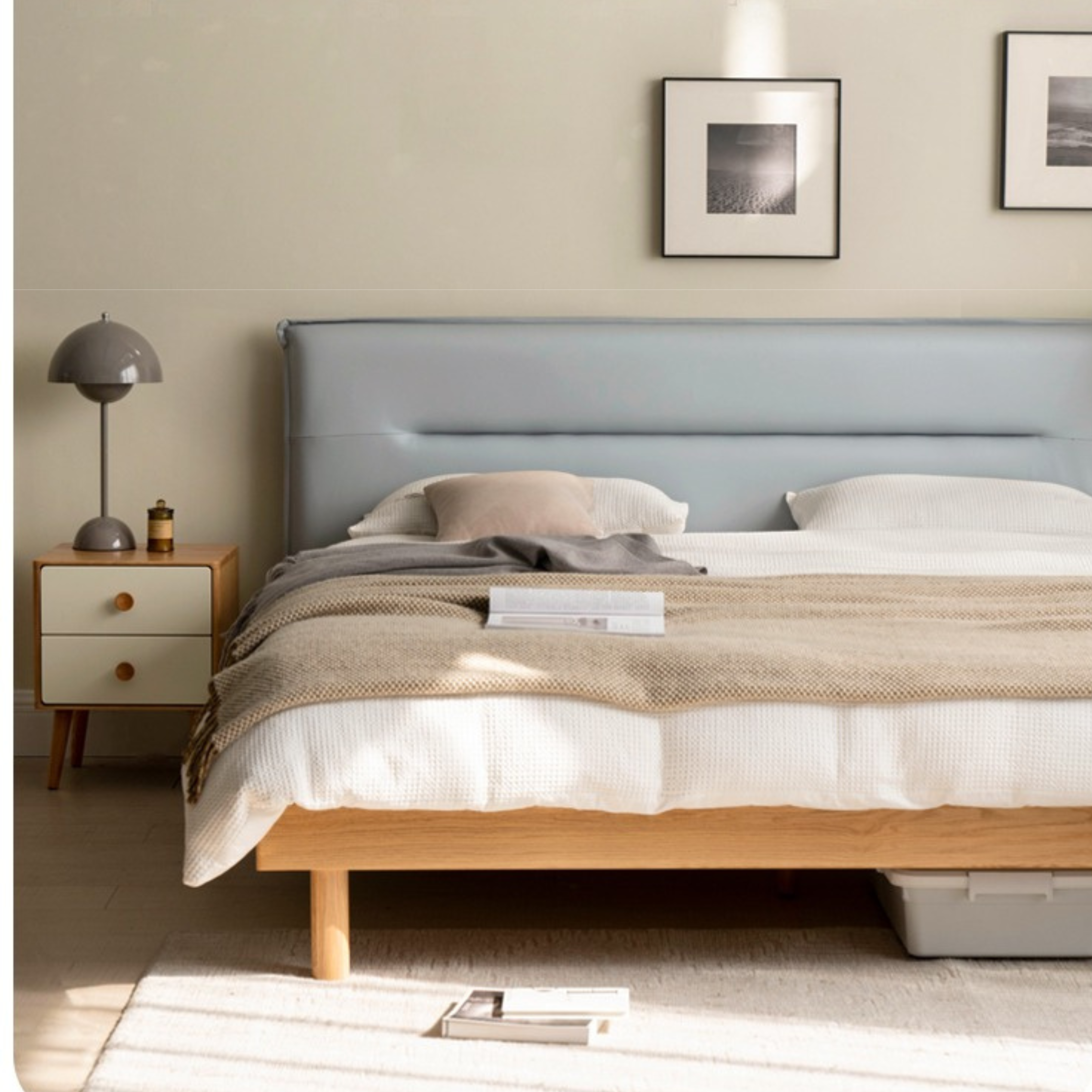 Oak Solid Wood Fabric Nordic Bed