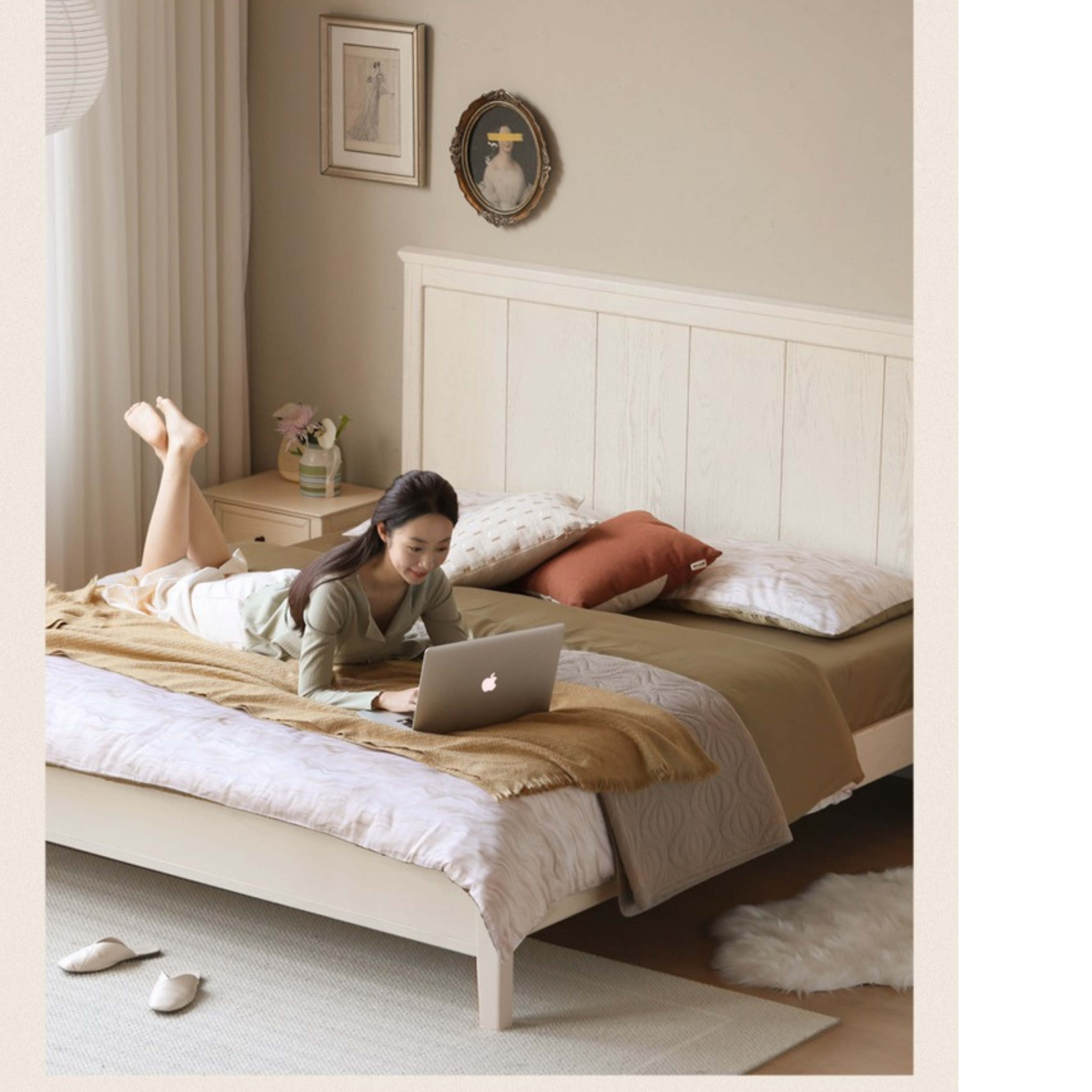 Oak solid wood high headboard full white bed American style