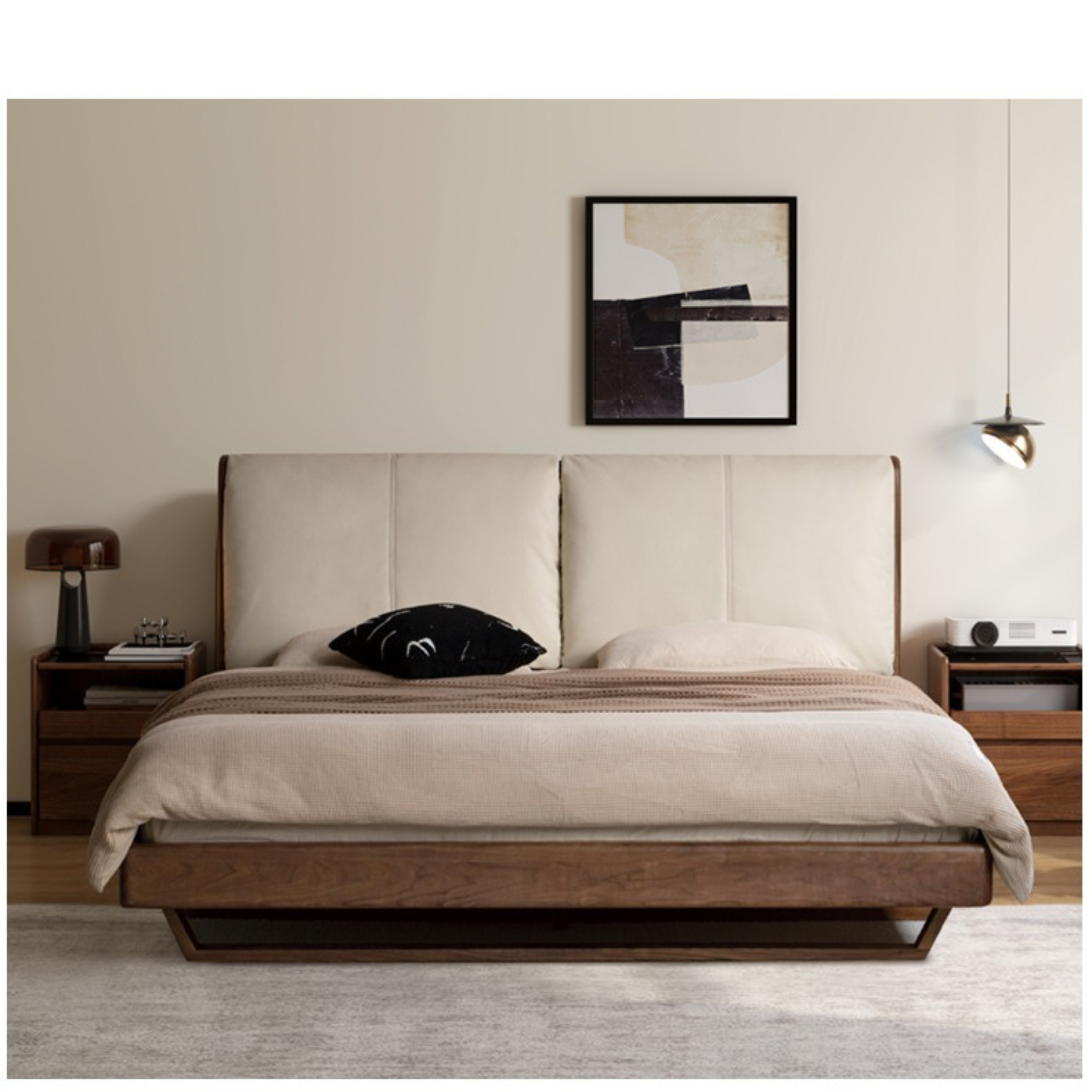 Black Walnut Solid Wood Genuine Leather Soft Bed Italian Light Luxury