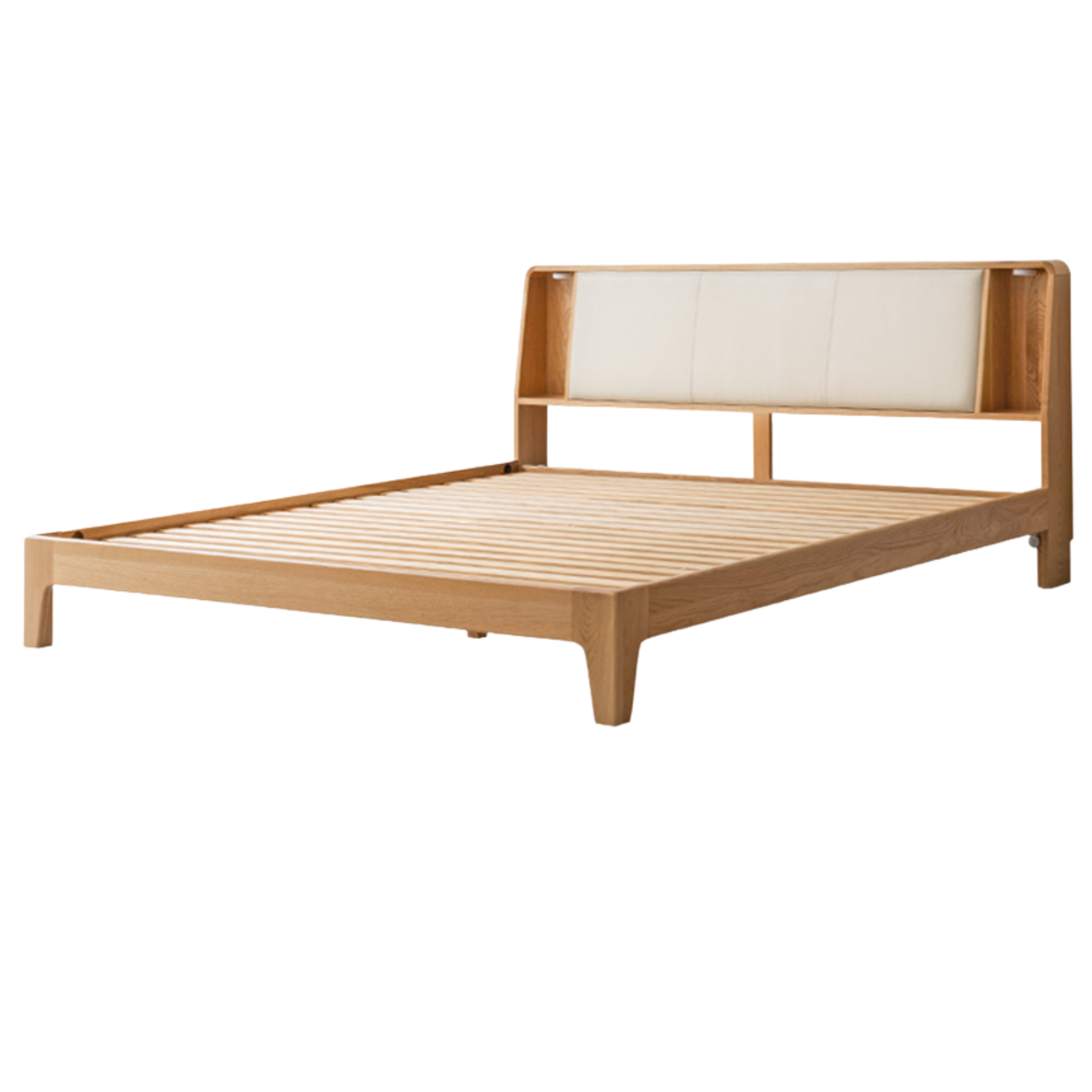 Oak Solid wood Leather, technical fabric back luminous bed with shelf