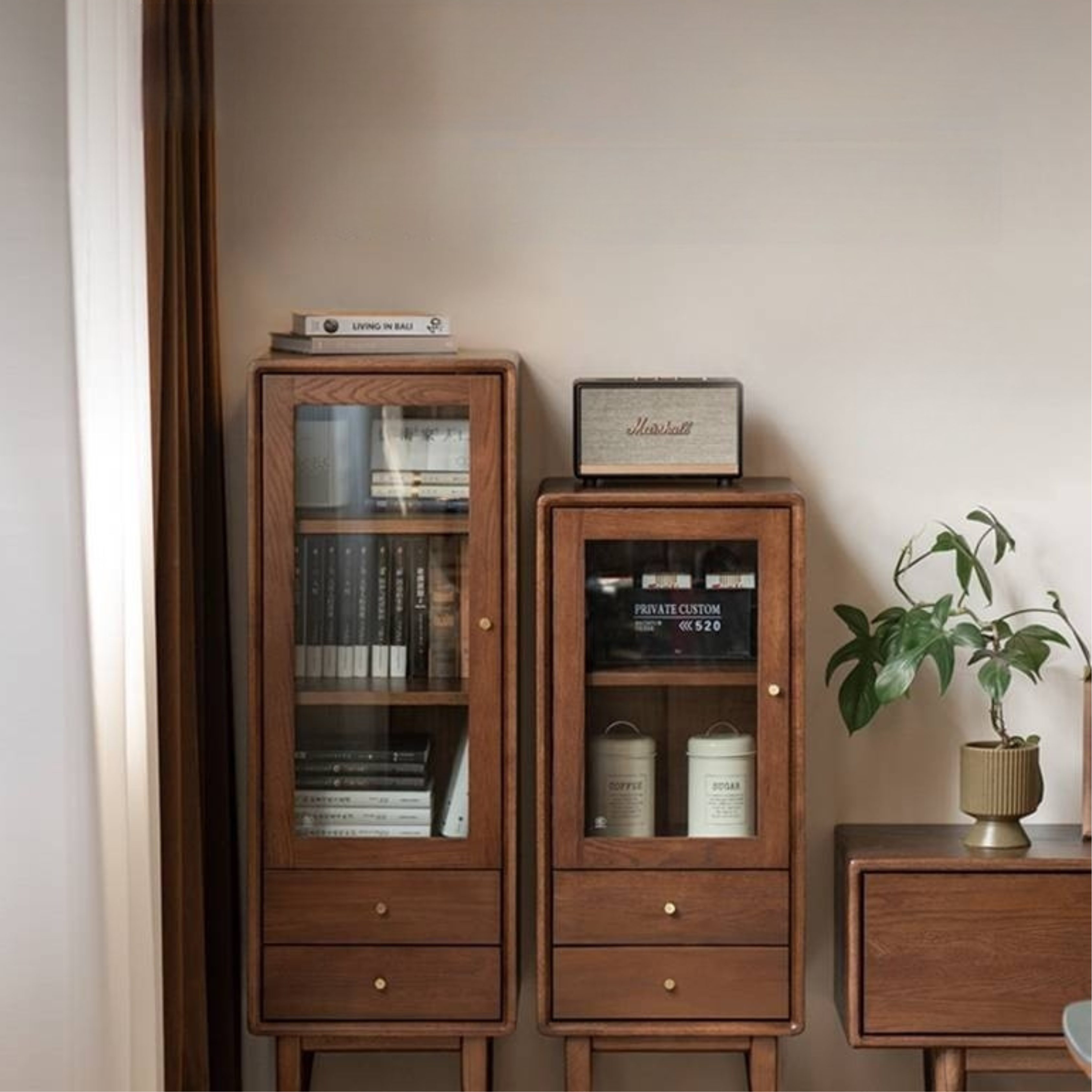 Oak Solid Wood Side Cabinet, Walnut Color.