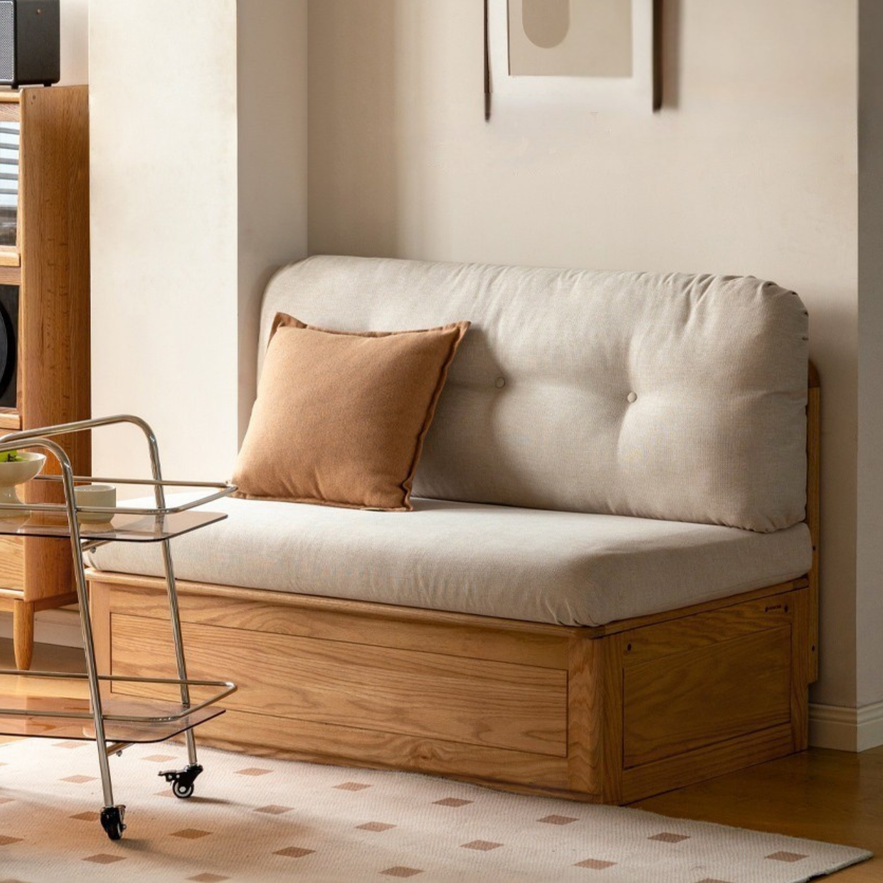 Oak Solid Wood Fabric Card Seat Floor Box Sofa