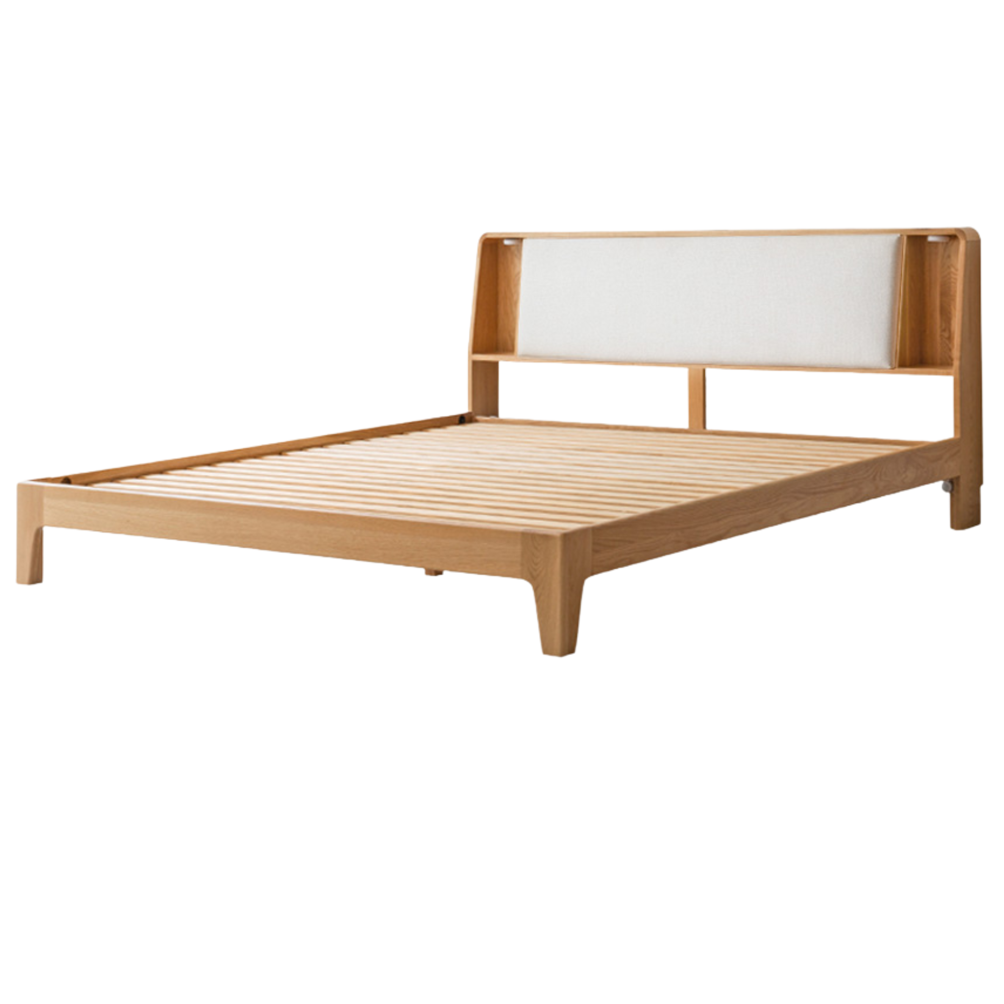 Oak Solid wood Leather, technical fabric back luminous bed with shelf
