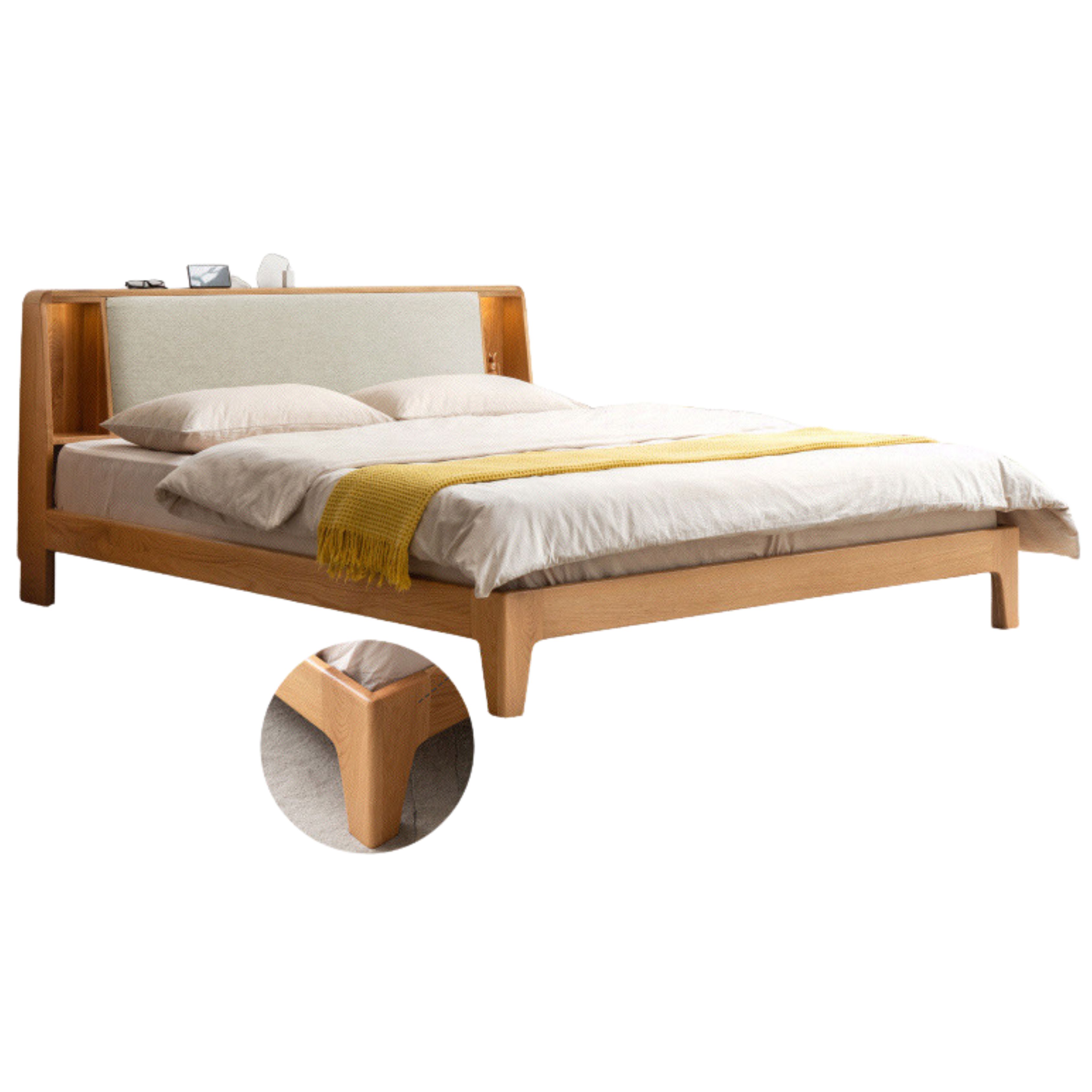 Oak Solid wood Leather, technical fabric back luminous bed with shelf