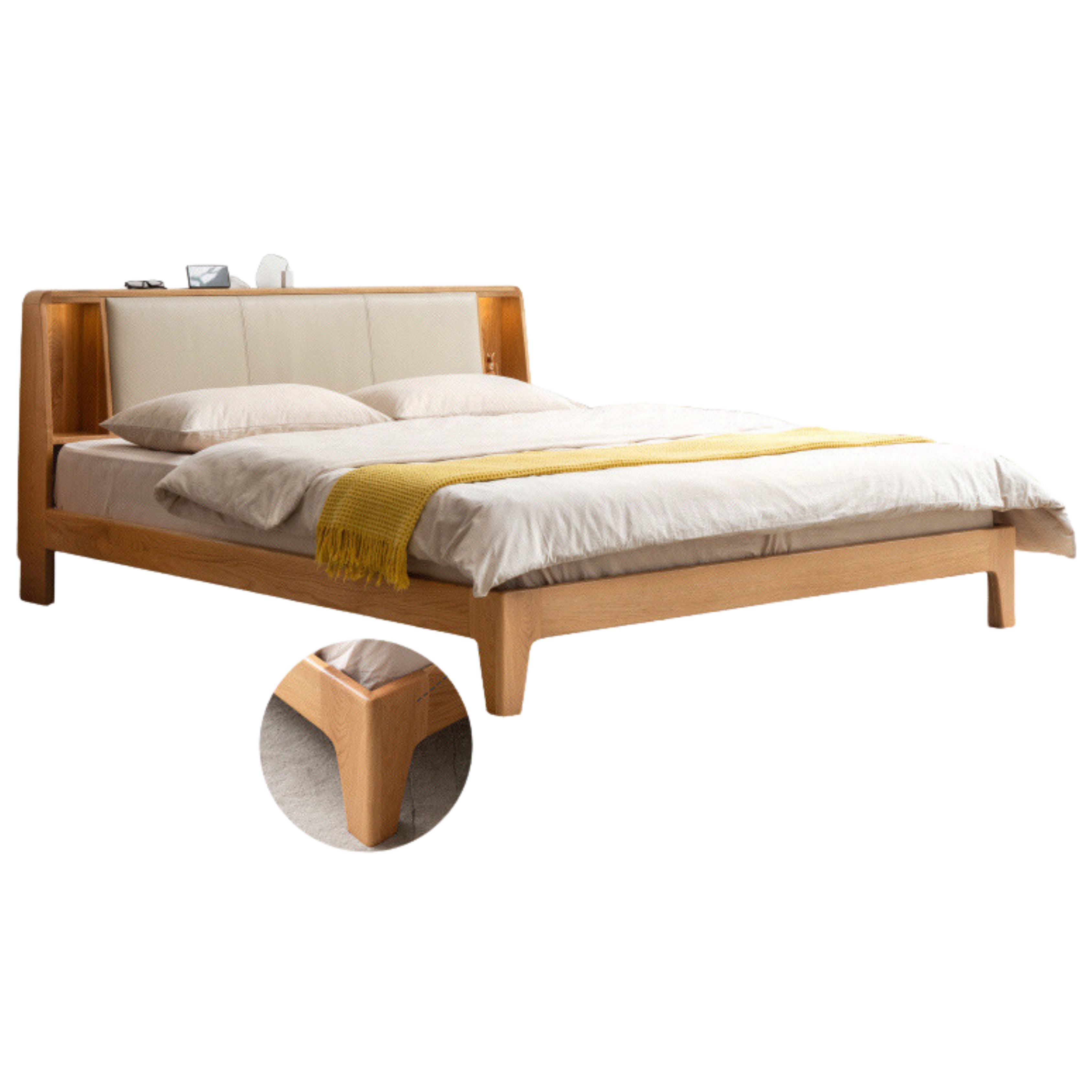 Oak Solid wood Leather, technical fabric back luminous bed with shelf