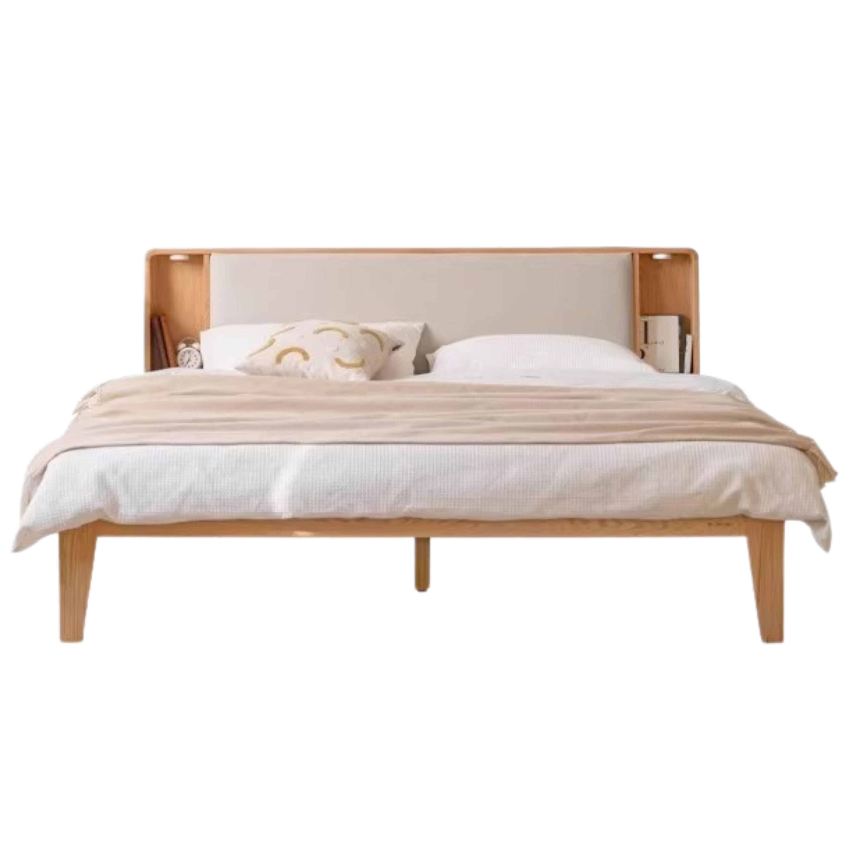 Oak Solid wood Leather, technical fabric back luminous bed with shelf