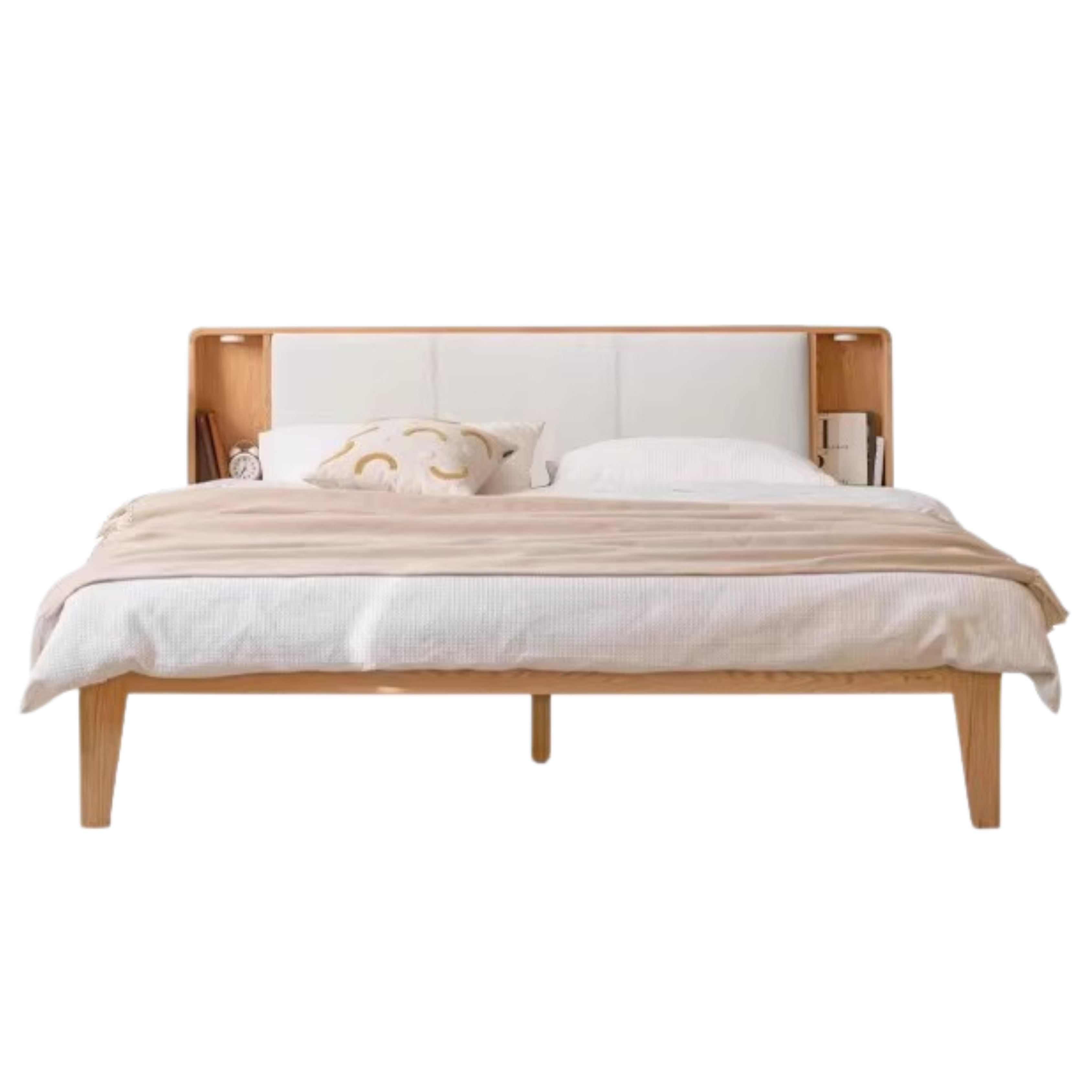 Oak Solid wood Leather, technical fabric back luminous bed with shelf