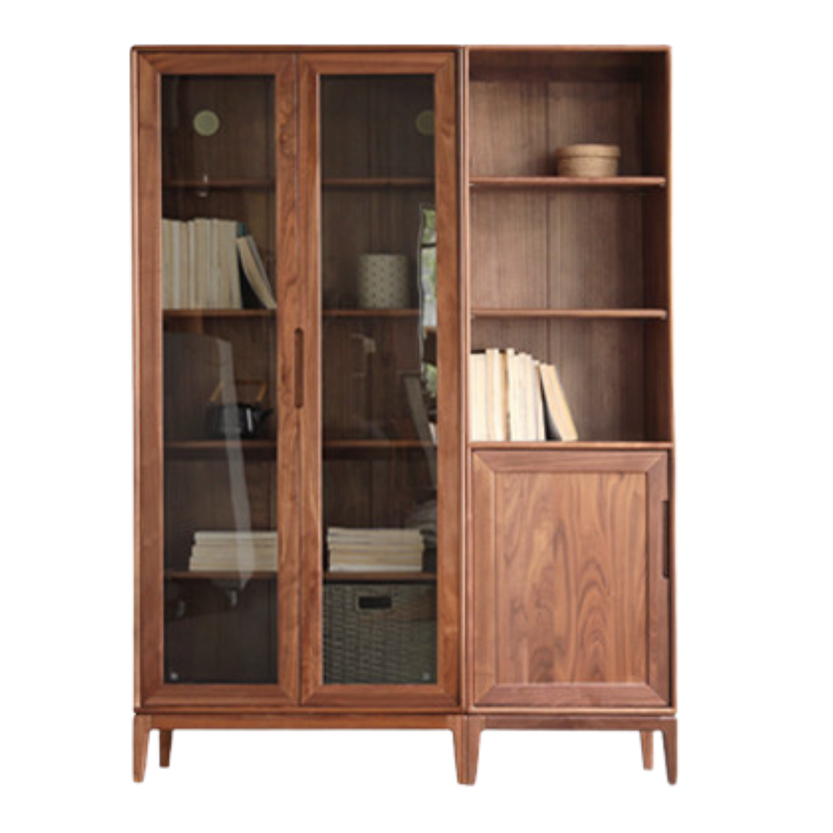 Black Walnut, Ash Solid Wood Combination Dust-Proof Glass Door Wall Floor-To-Ceiling Bookshelf<
