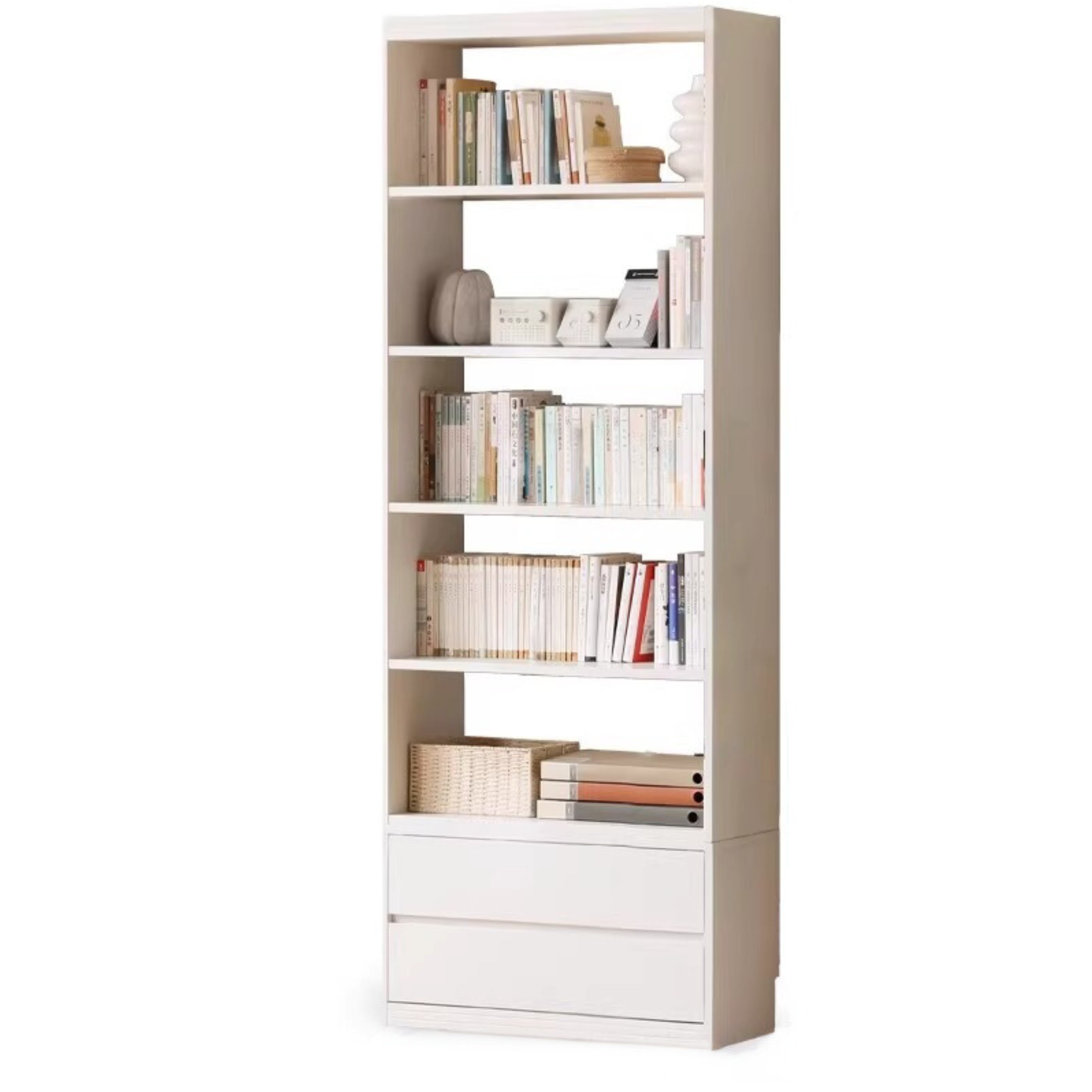 Poplar, Rubber Solid Wood Bookshelf Wall-To-Ceiling Shelf White Cream Style
