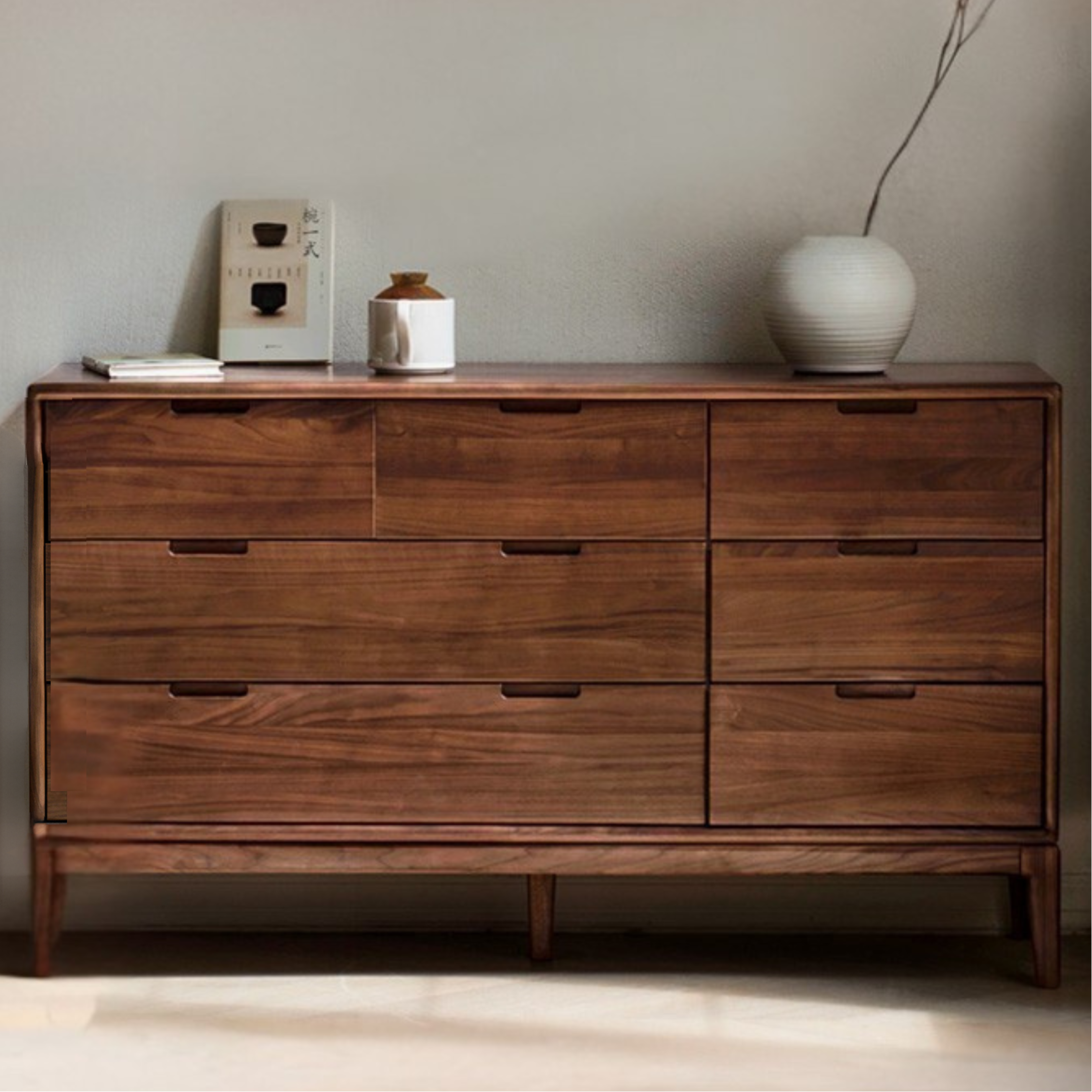 Ash Solid Wood Storage Cabinet Against the Wall