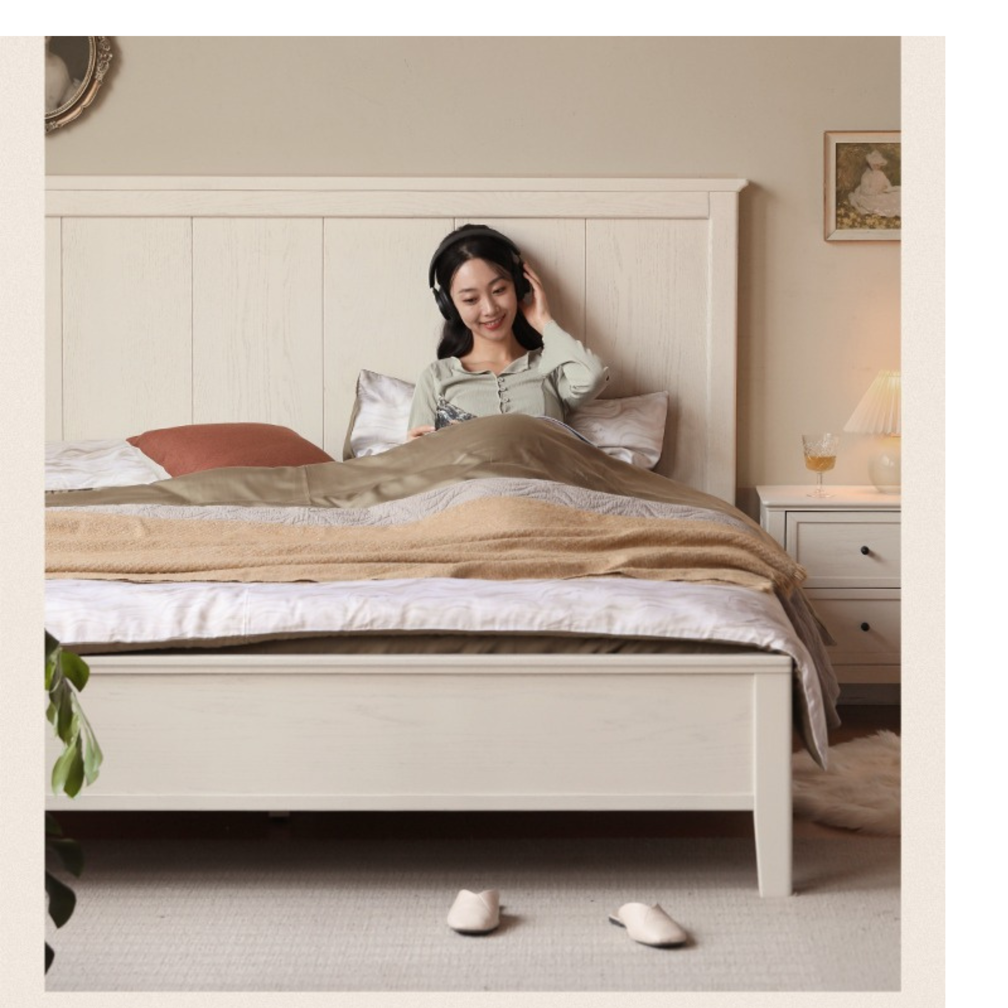 Oak solid wood high headboard full white bed American style