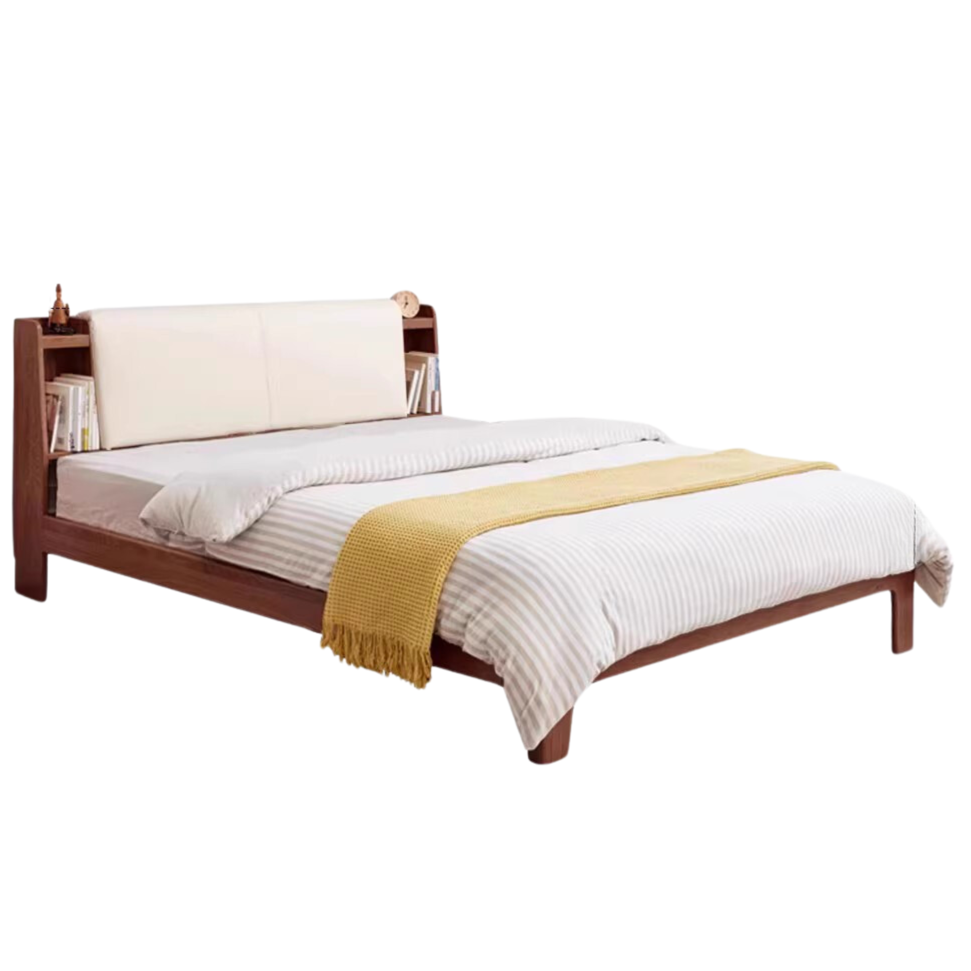 Oak Solid wood luminous bed with shelf genuine leather, technical fabric