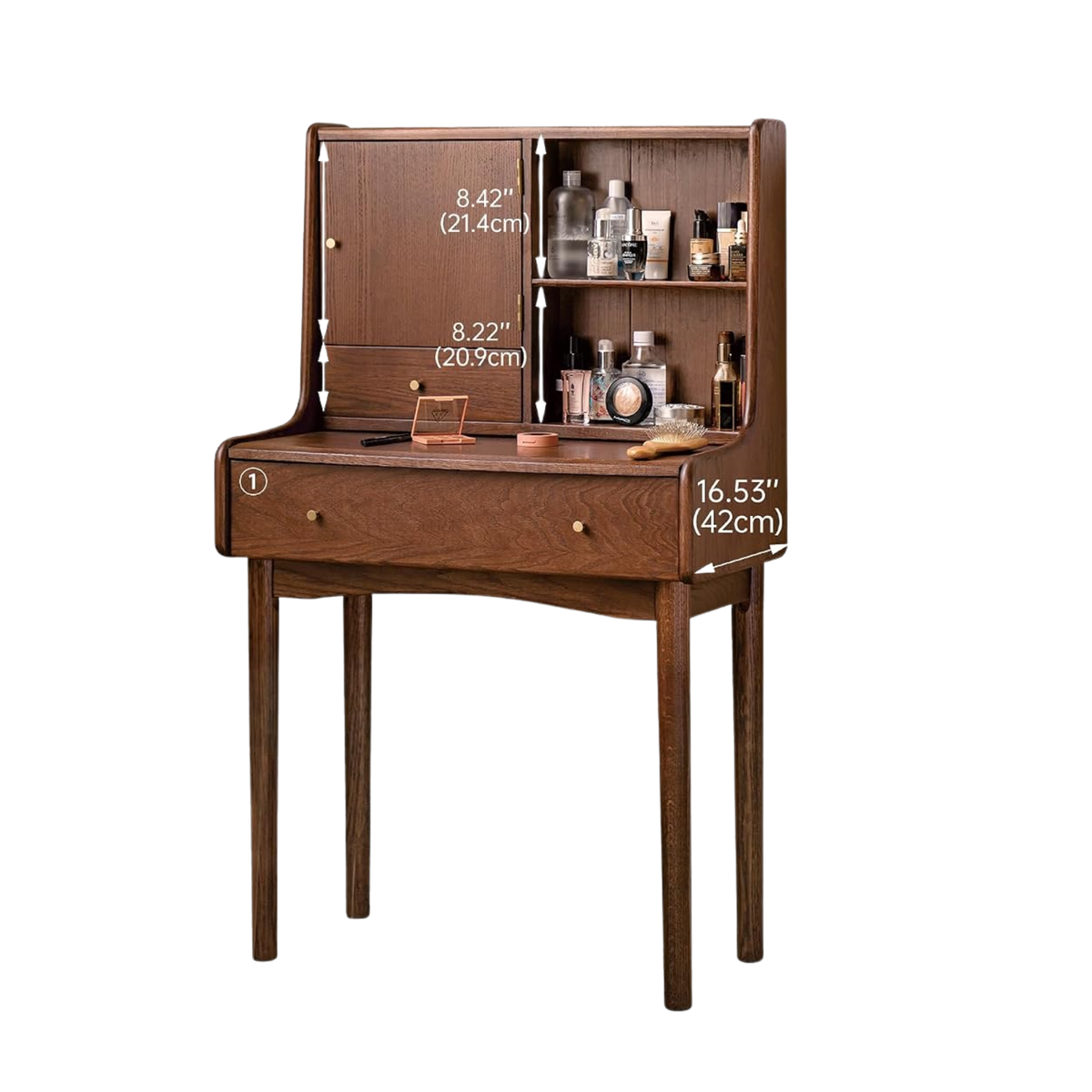 Oak Solid Wood Flip-Top Makeup Vanity with Storage Cabinet
