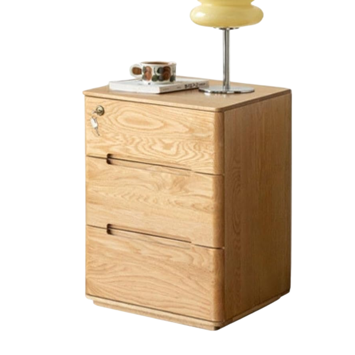Oak Solid Wood 3-Drawer Nightstand with Groove Handles and Rounded Corners