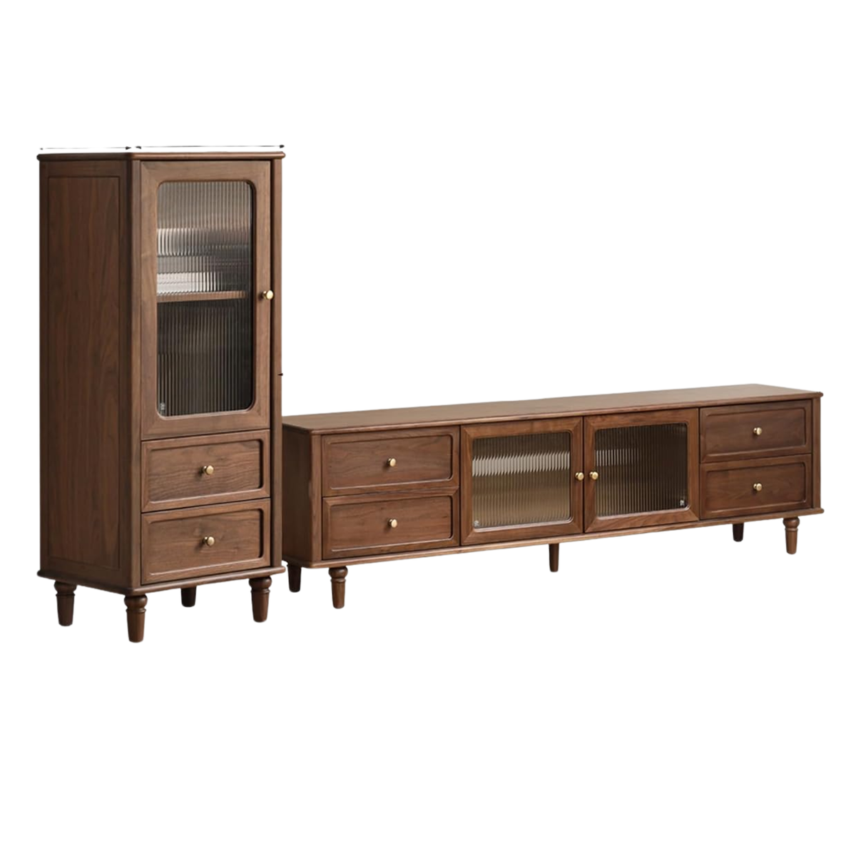 Black Walnut Solid Wood Traditional TV Console with Fluted Glass Doors and Brass Knobs