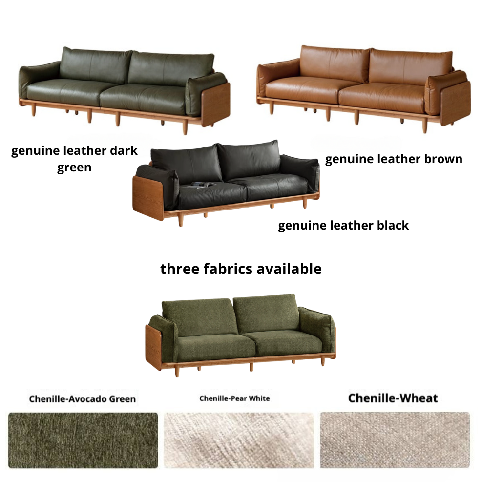 Cherry Wood Sofa Genuine Leather, Fabric-