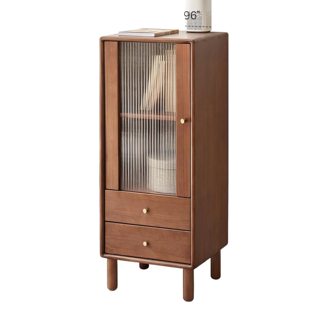 Oak Solid Wood, Pine Wood Display Cabinet with Fluted Glass Door and Tapered Legs