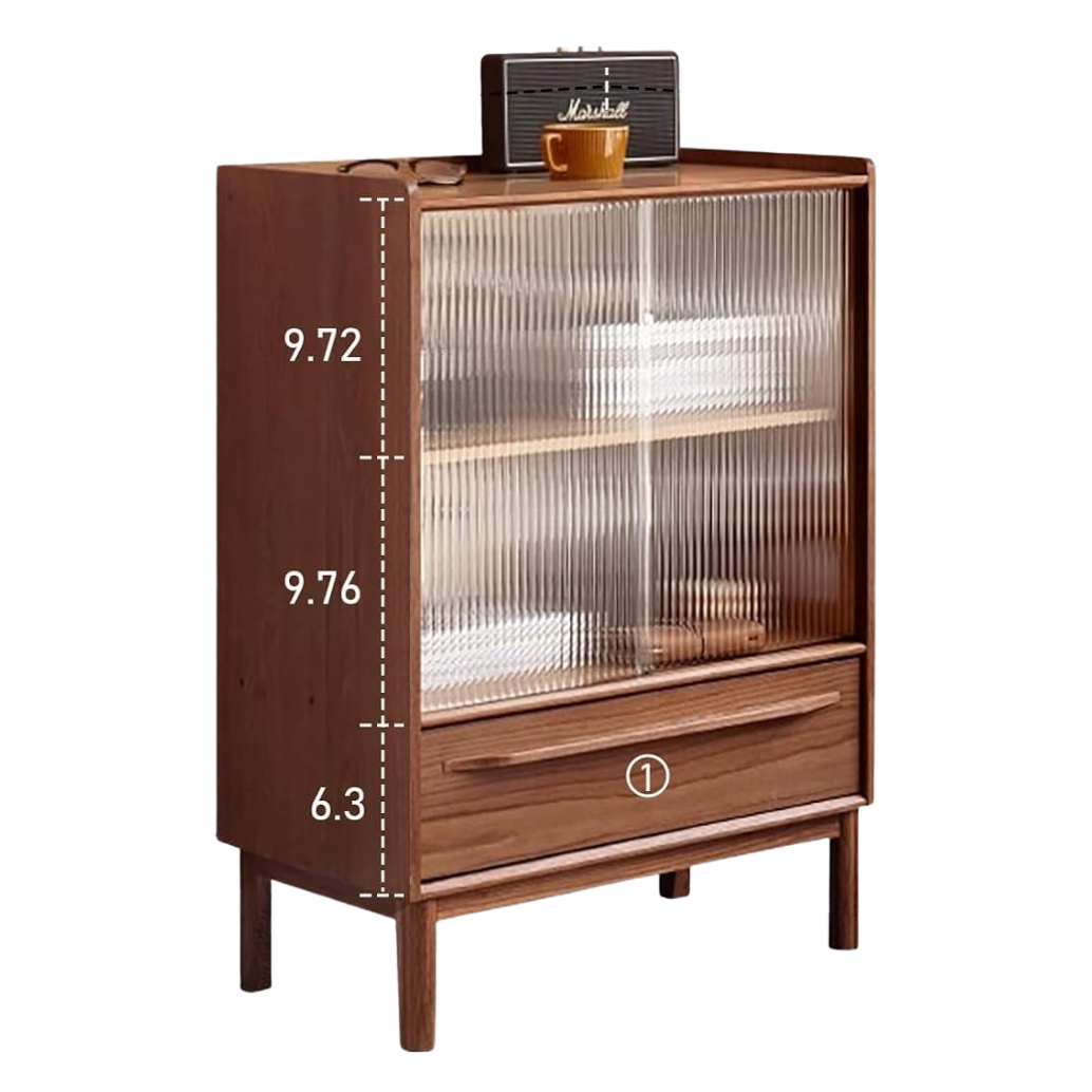 Oak Solid Wood, Pine Wood Display Cabinet with Fluted Glass Door and Tapered Legs