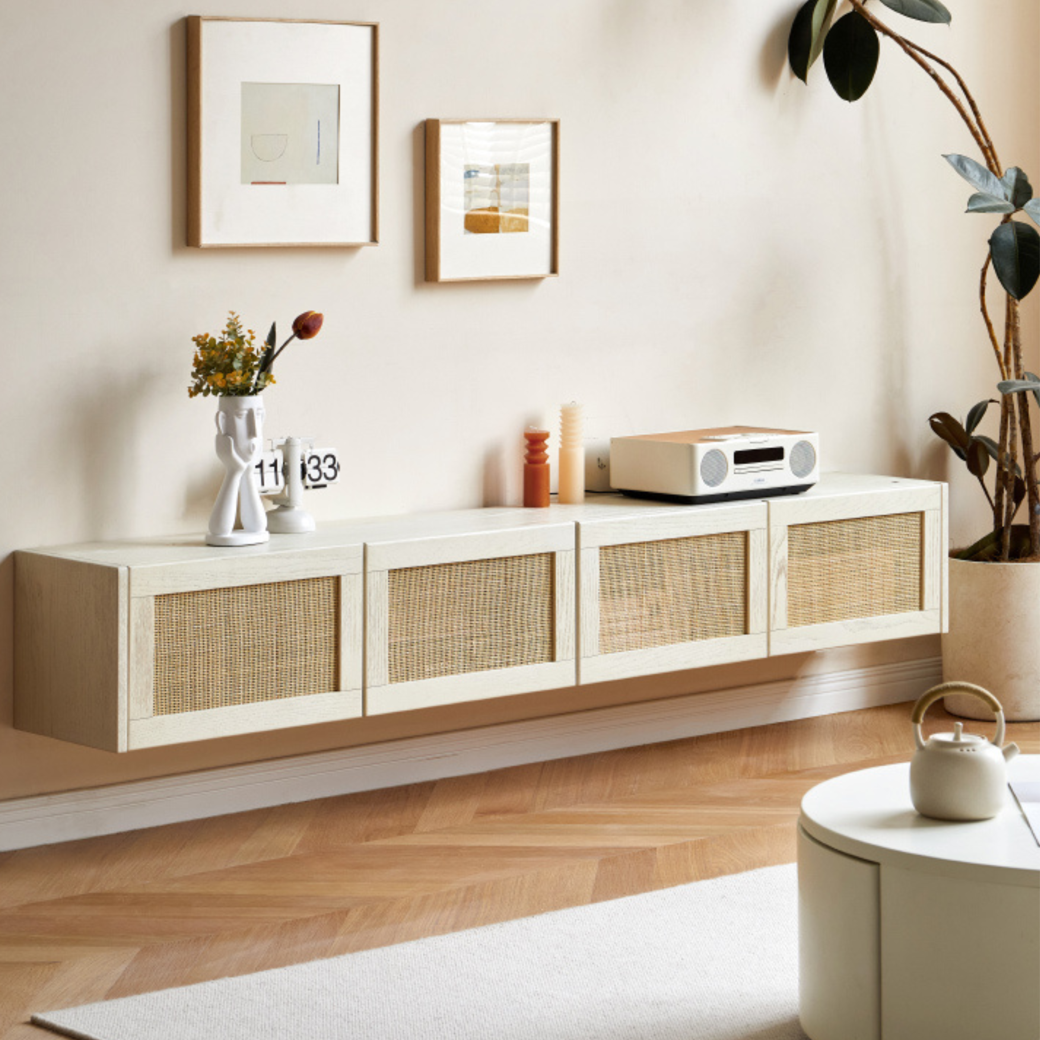Oak Solid Wood Rattan Suspended TV Cabinet