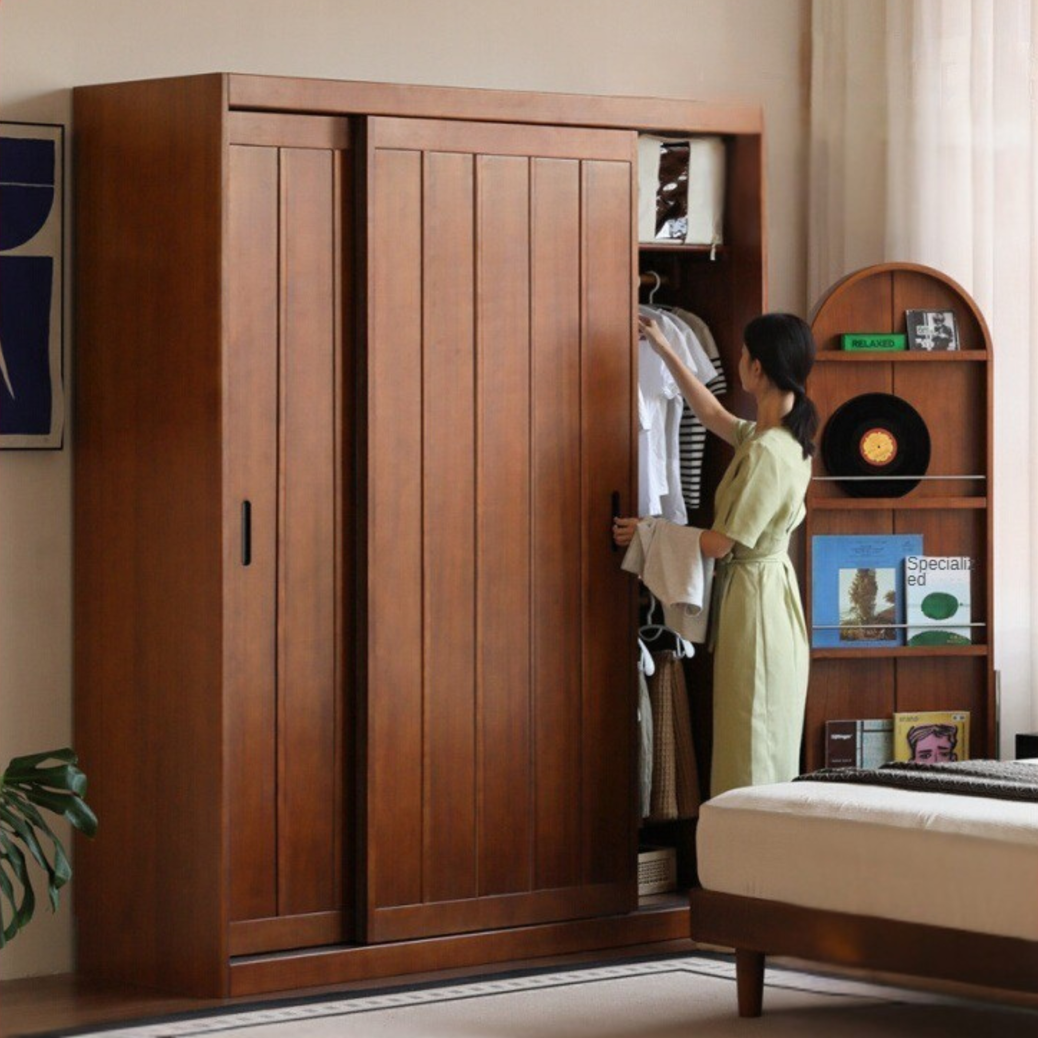 Poplar Solid Wood Wardrobe Retro Sliding Door Wardrobe