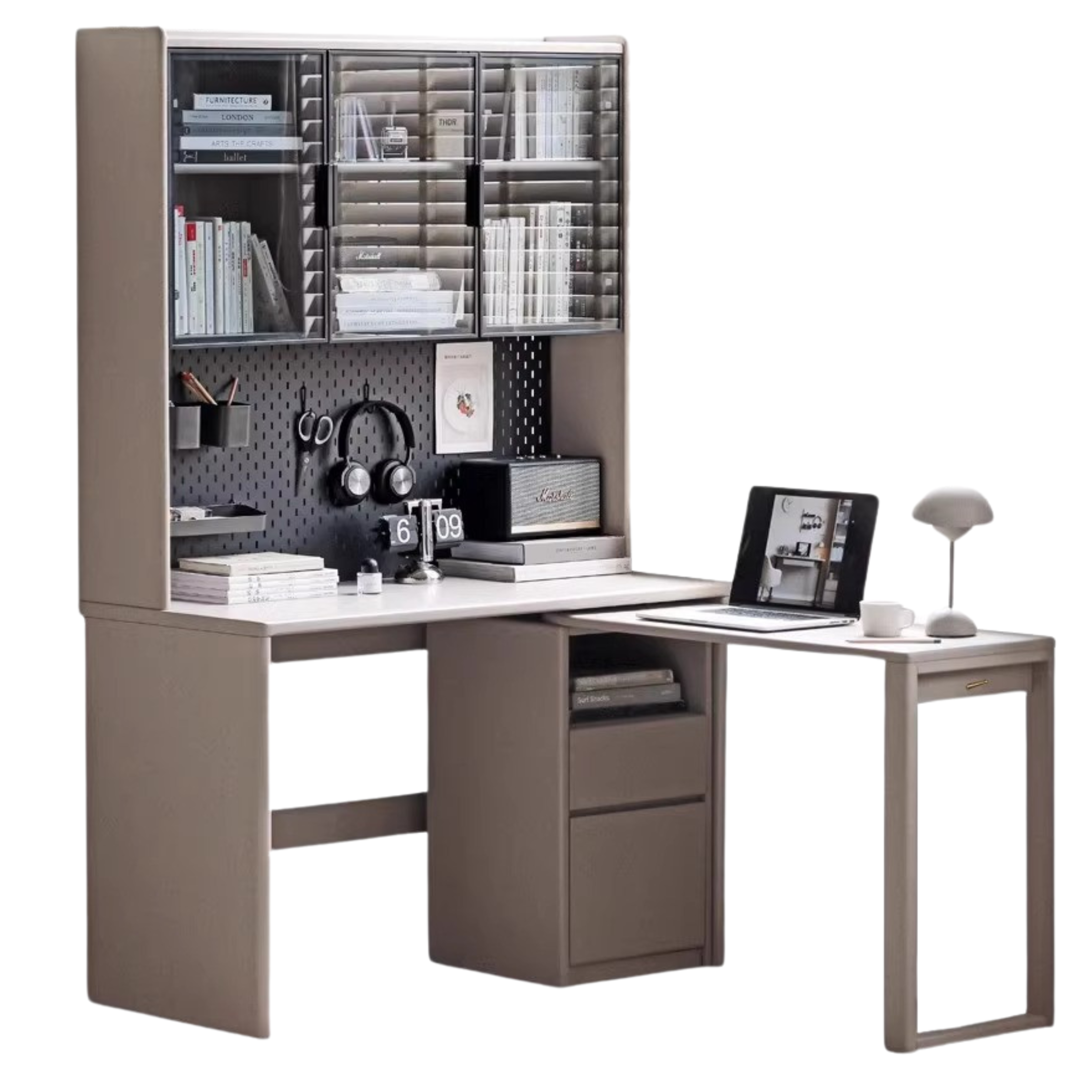 Poplar Solid Wood Computer Desk Bookshelf Integrated Light Luxury